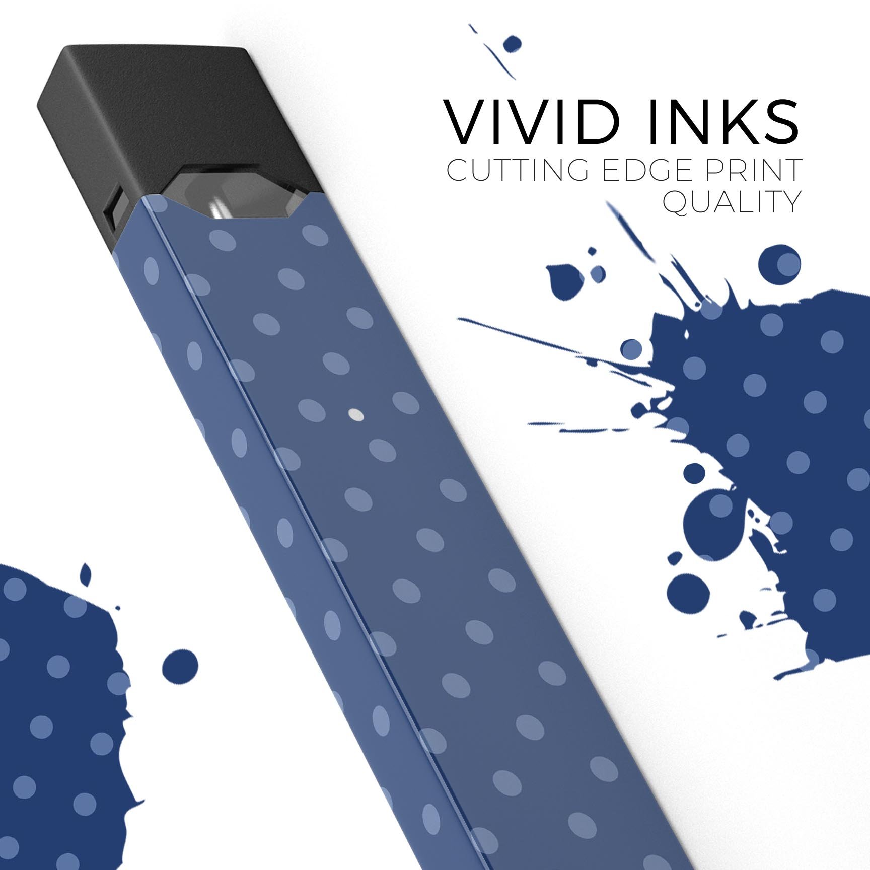 Blue polka dots skin-wrap on a JUUL vaping device, showcasing a stylish navy background.