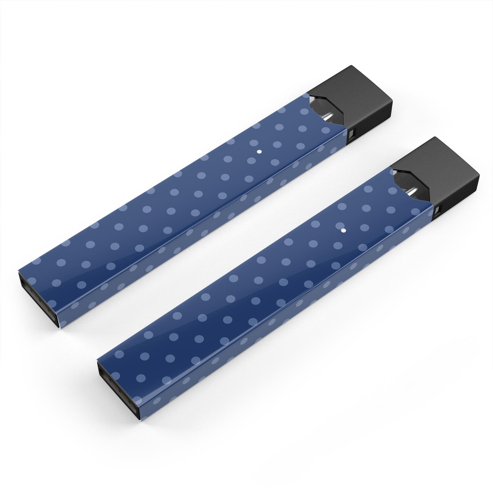 Blue polka dots skin-wrap on a JUUL vaping device, showcasing a stylish navy background.