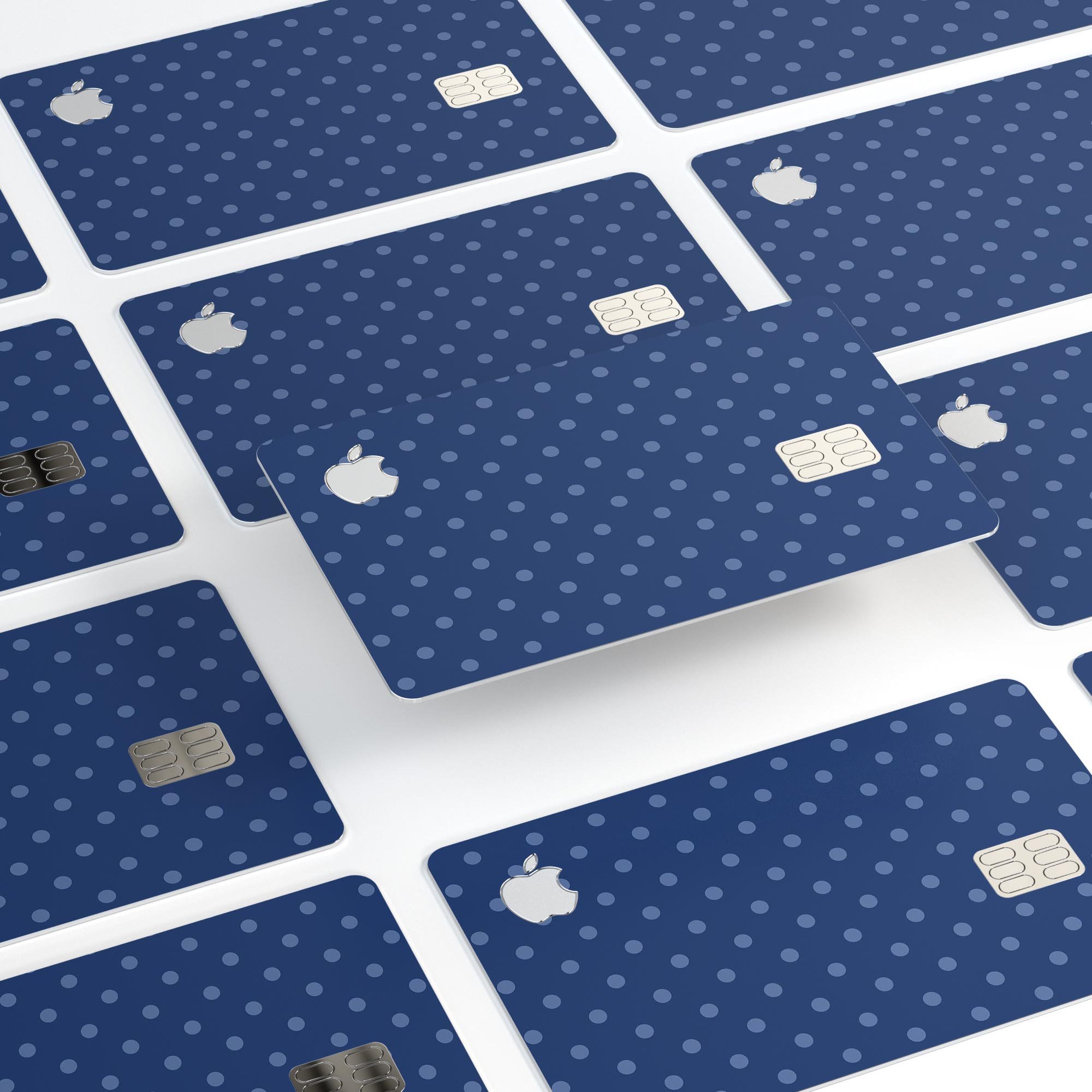 Blue polka dots design on navy background, protective decal skin for Apple Card, showcasing vibrant colors and premium quality.