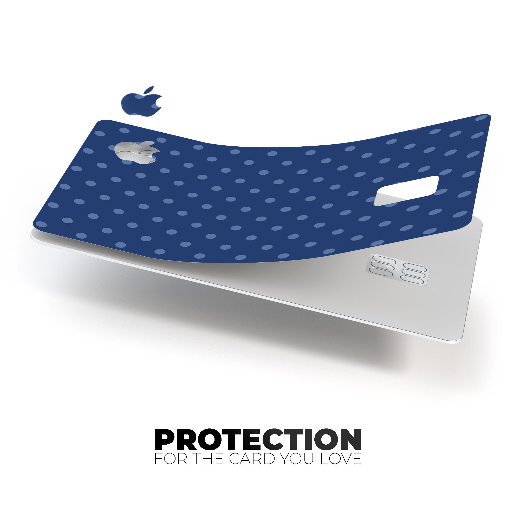 Blue polka dots design on navy background, protective decal skin for Apple Card, showcasing vibrant colors and premium quality.