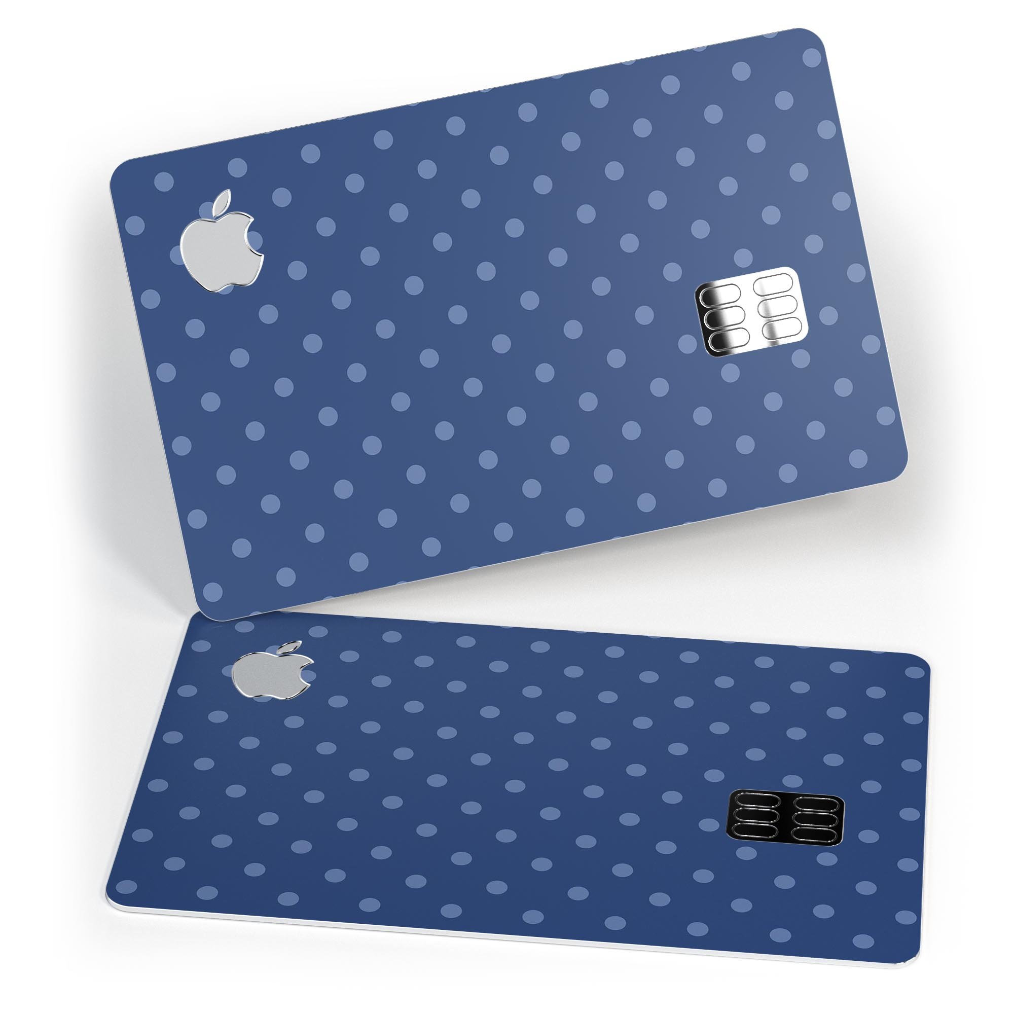 Blue polka dots design on navy background, protective decal skin for Apple Card, showcasing vibrant colors and premium quality.