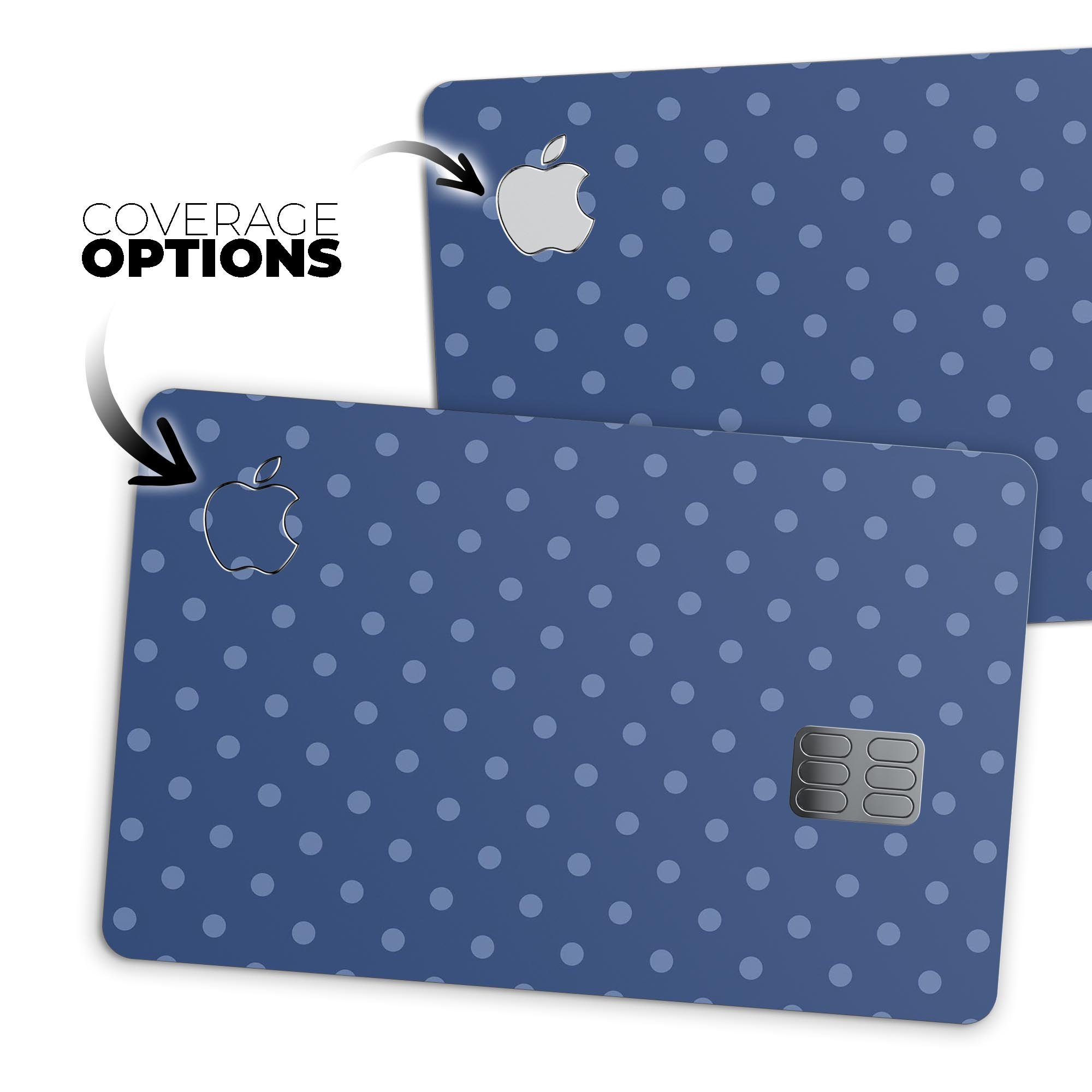 Blue polka dots design on navy background, protective decal skin for Apple Card, showcasing vibrant colors and premium quality.