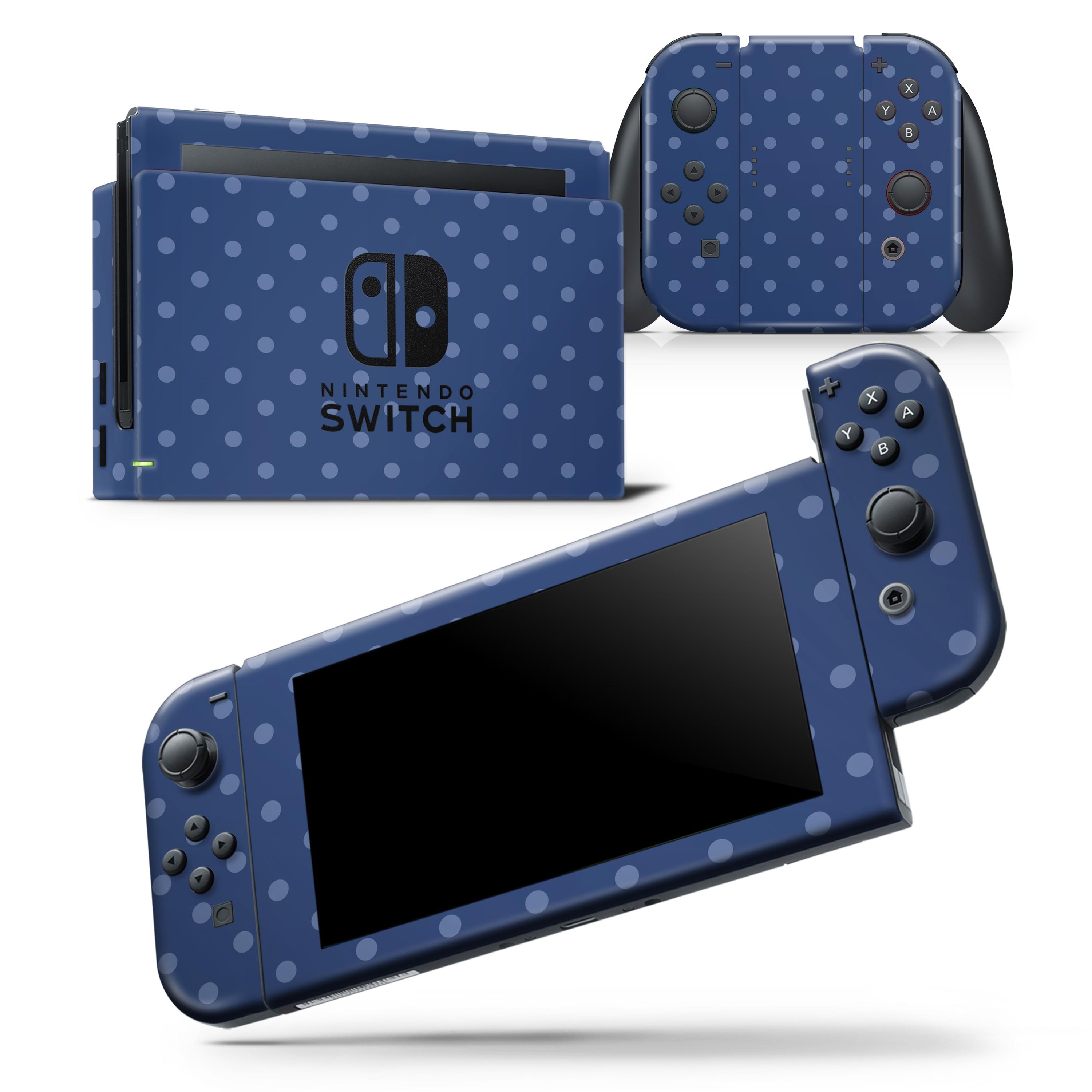 Blue polka dots skin wrap decal on a Nintendo Switch Lite, showcasing a stylish design that fits snugly on the console.