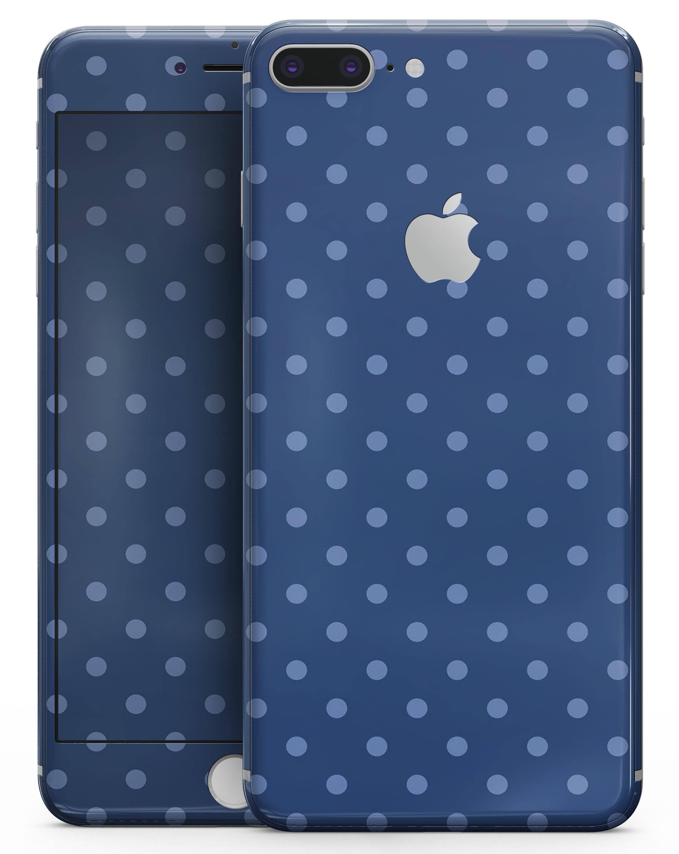 Blue polka dots skin for iPhone 8 and 8 Plus, showcasing a vibrant design on a navy background.