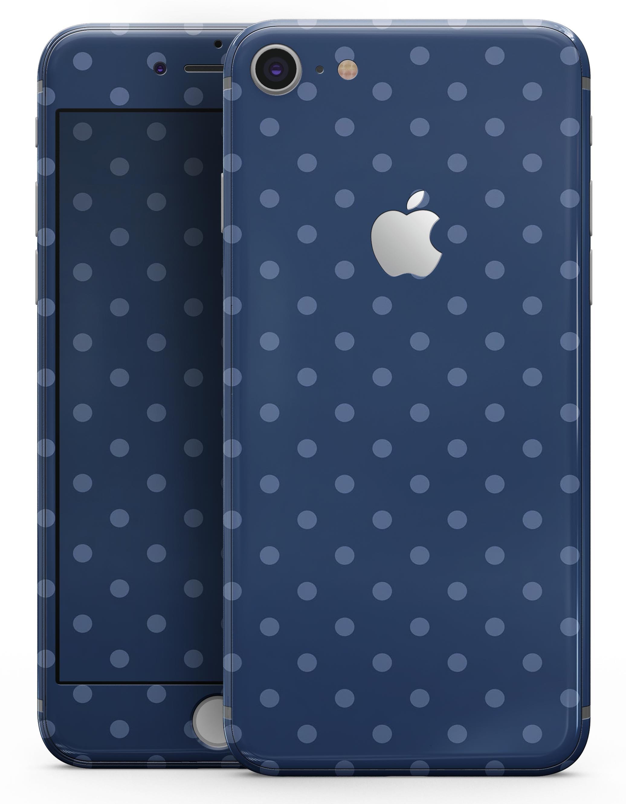 Blue polka dots skin for iPhone 8 and 8 Plus, showcasing a vibrant design on a navy background.