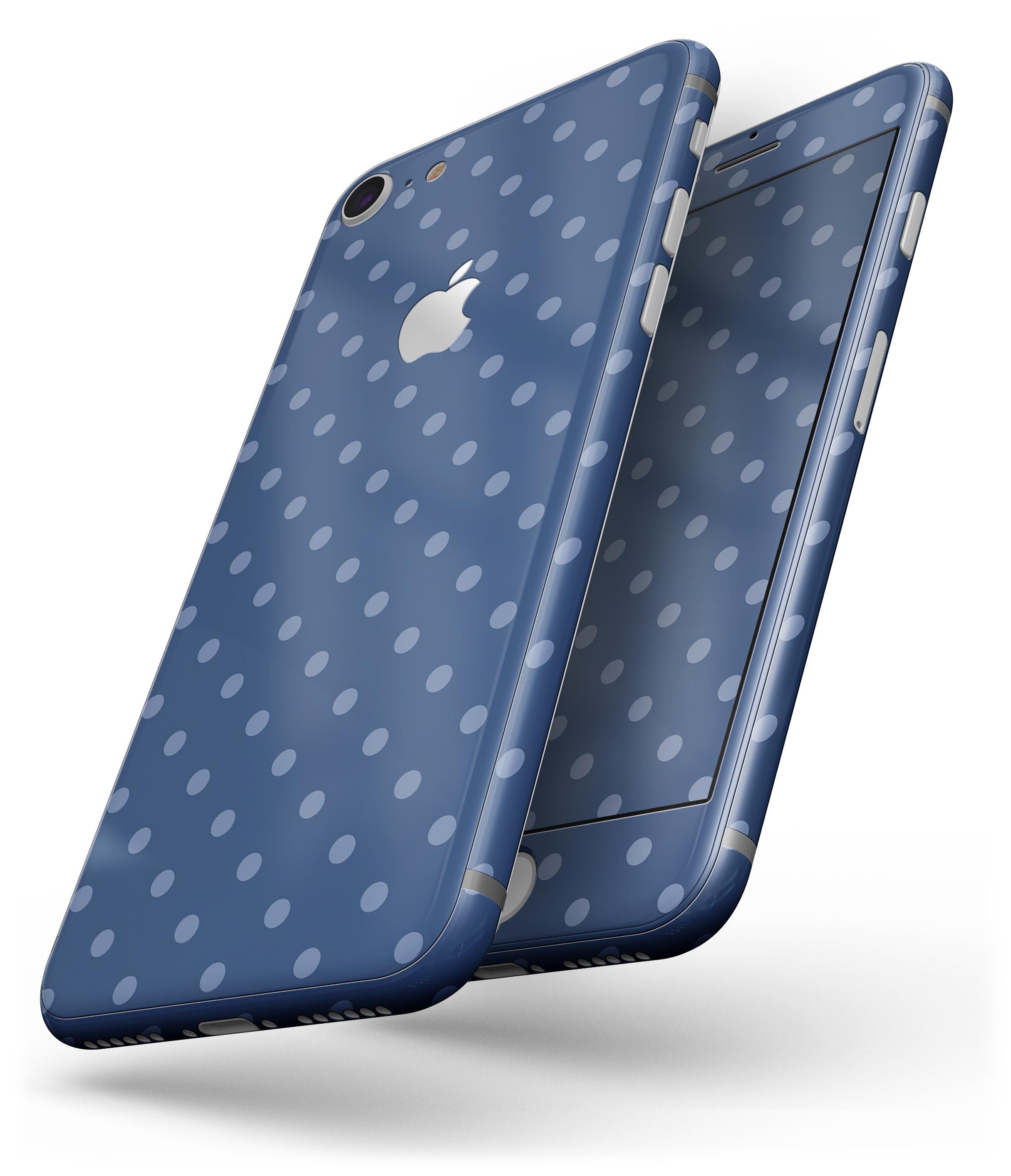 Blue polka dots skin for iPhone 8 and 8 Plus, showcasing a vibrant design on a navy background.