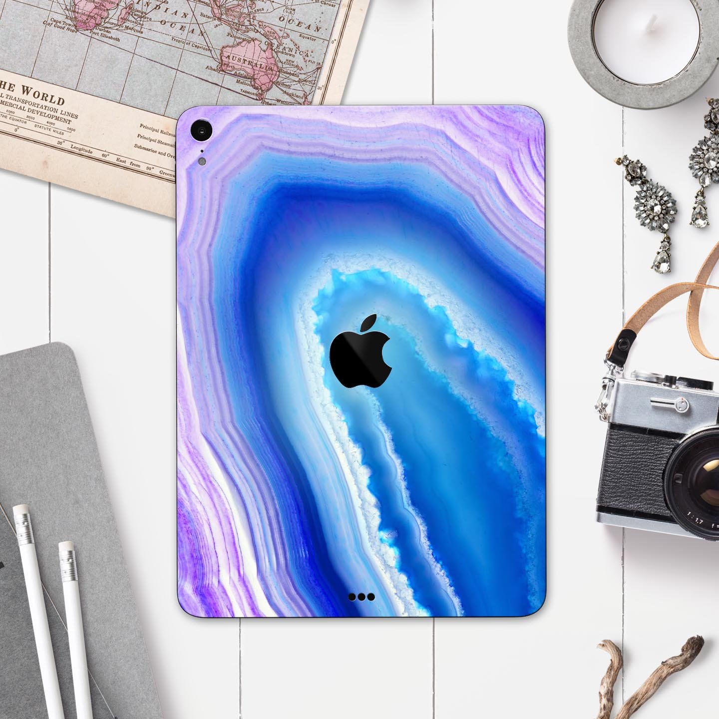 Blue and purple hue agate skin decal for Apple iPad Pro, showcasing vibrant colors and a sleek design.