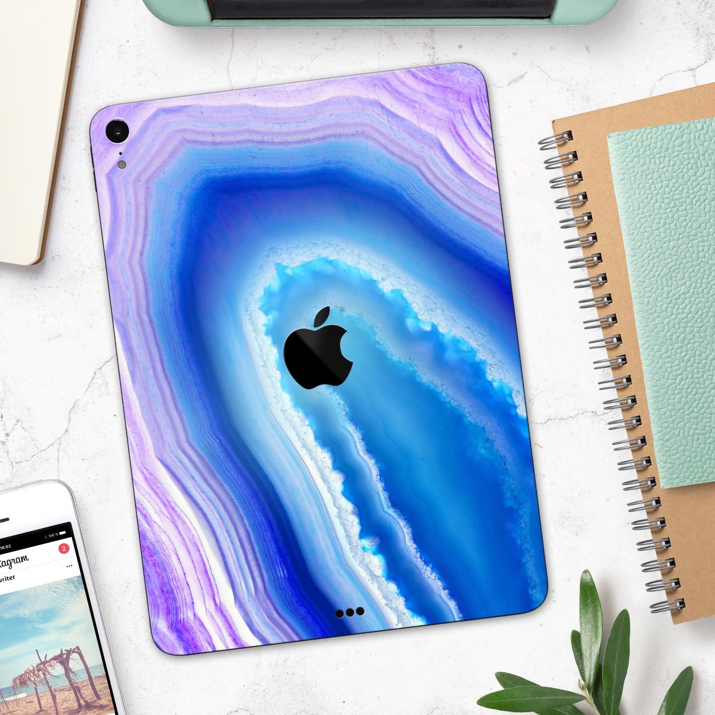 Blue and purple hue agate skin decal for Apple iPad Pro, showcasing vibrant colors and a sleek design.