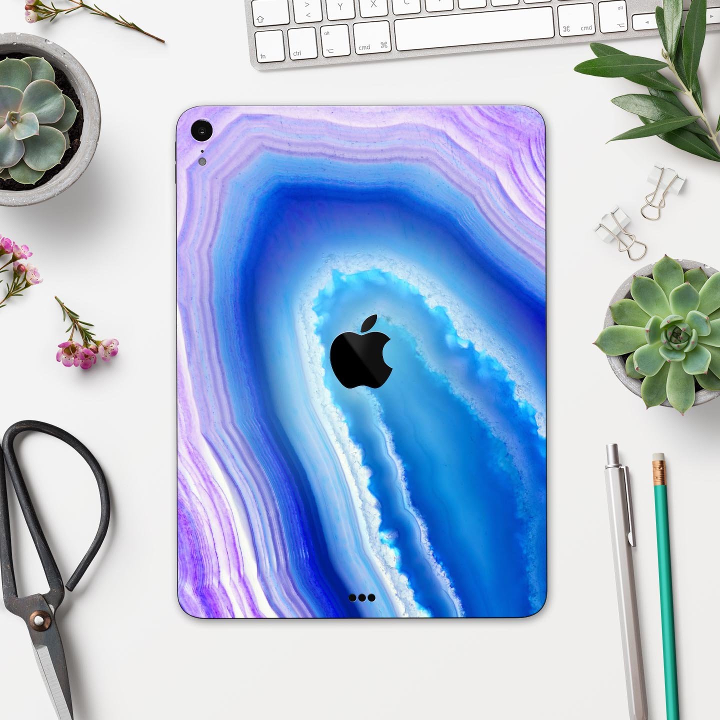 Blue and purple hue agate skin decal for Apple iPad Pro, showcasing vibrant colors and a sleek design.