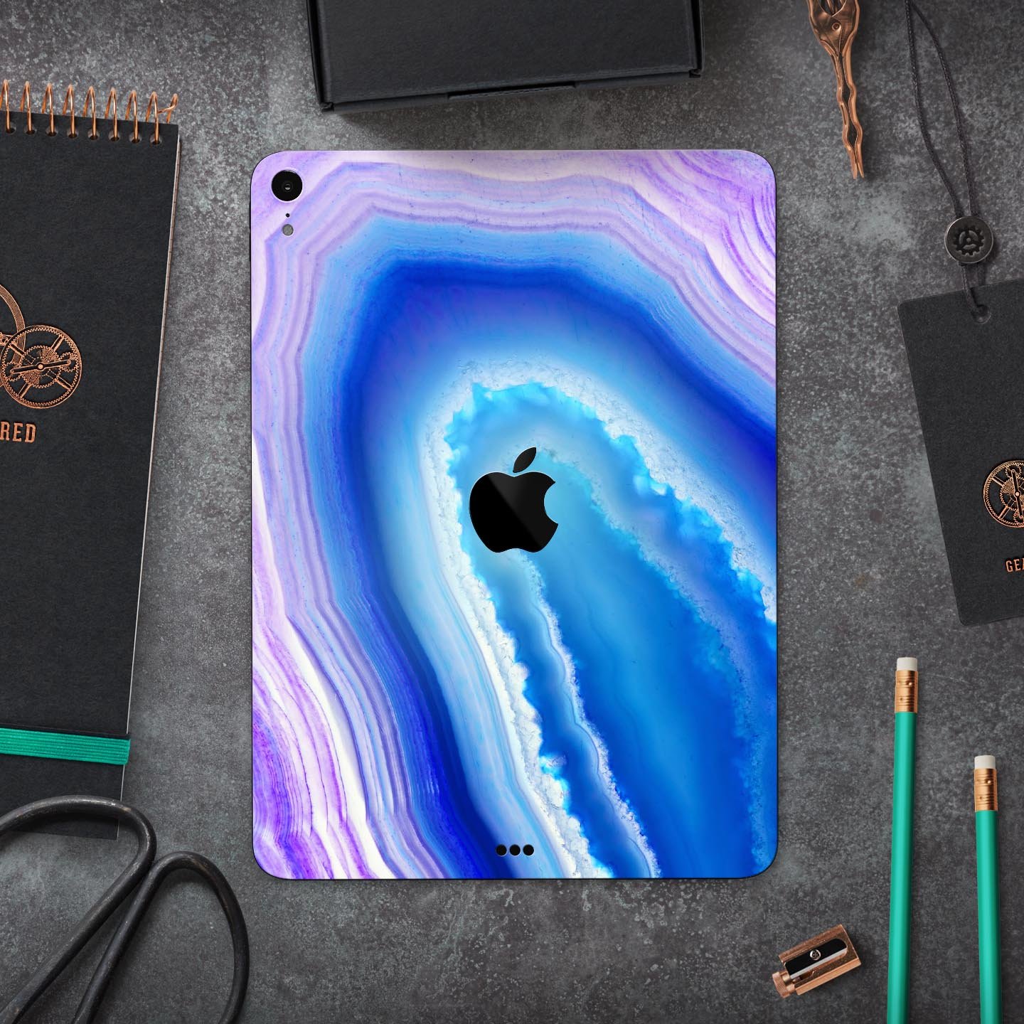 Blue and purple hue agate skin decal for Apple iPad Pro, showcasing vibrant colors and a sleek design.