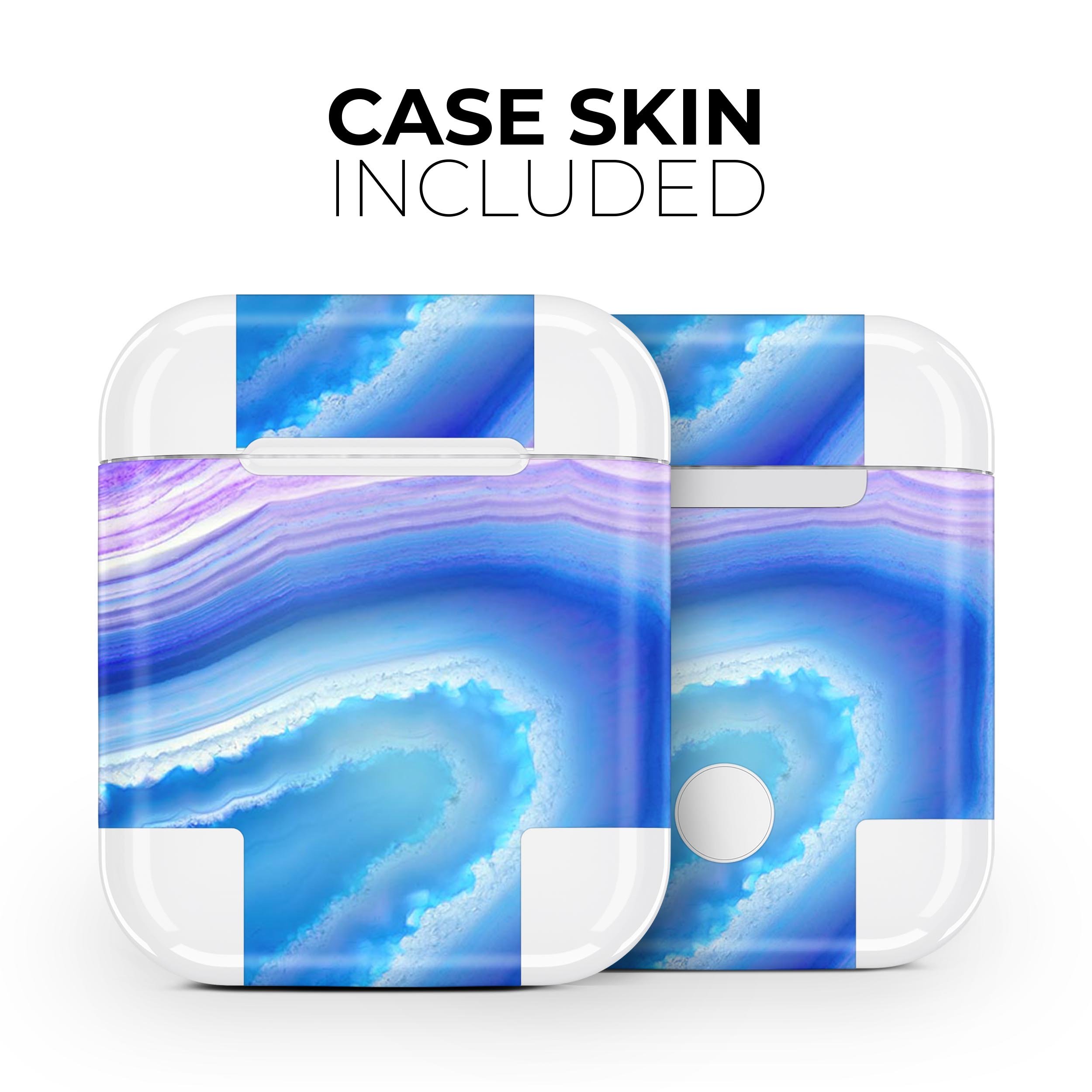 Blue and purple agate design skin decal wrap for Apple AirPods, showcasing vibrant colors and a sleek finish.