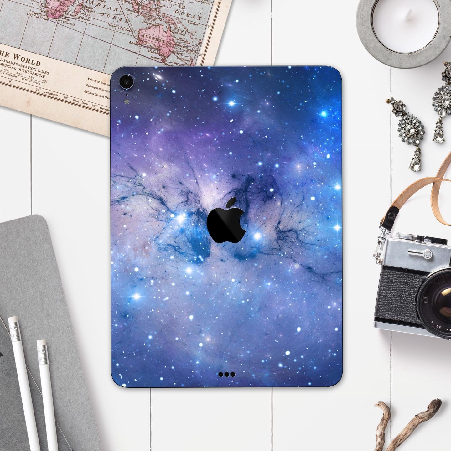 Blue and purple mixed universe design skin decal for Apple iPad, showcasing vibrant colors and a sleek finish.