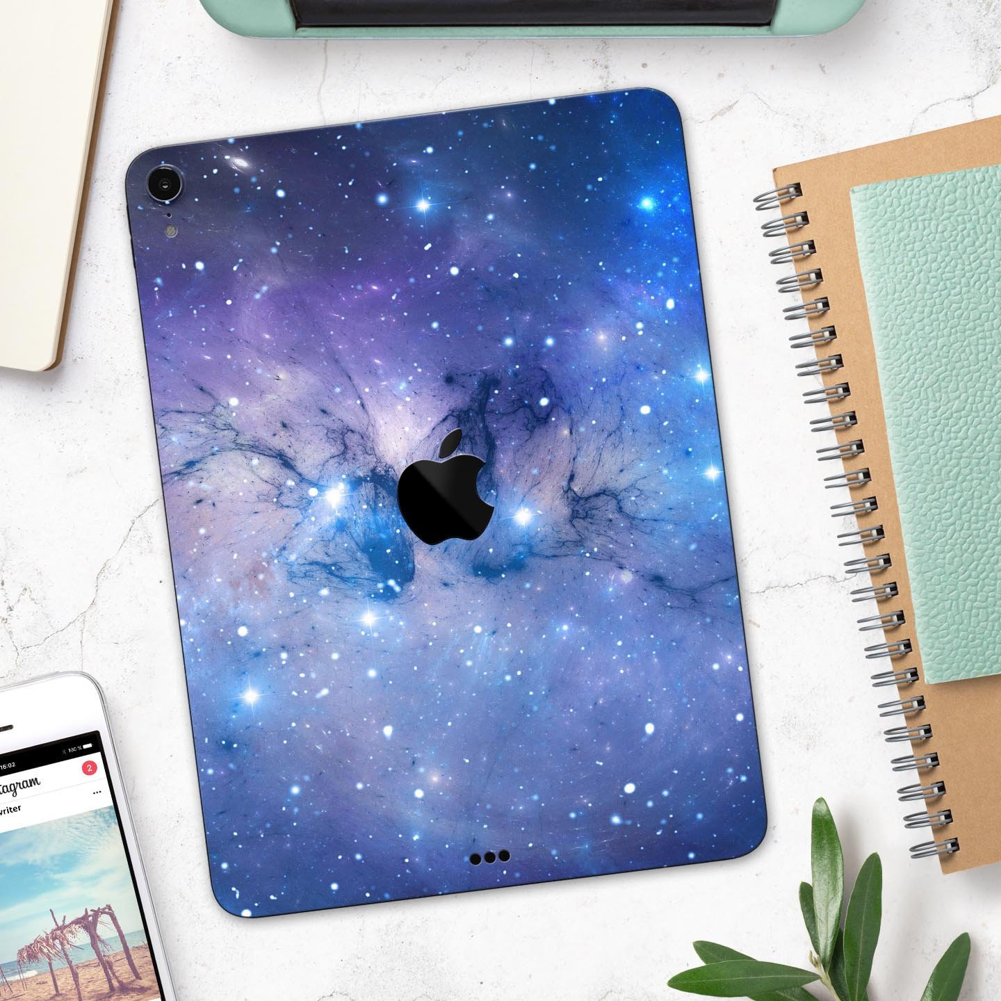 Blue and purple mixed universe design skin decal for Apple iPad, showcasing vibrant colors and a sleek finish.