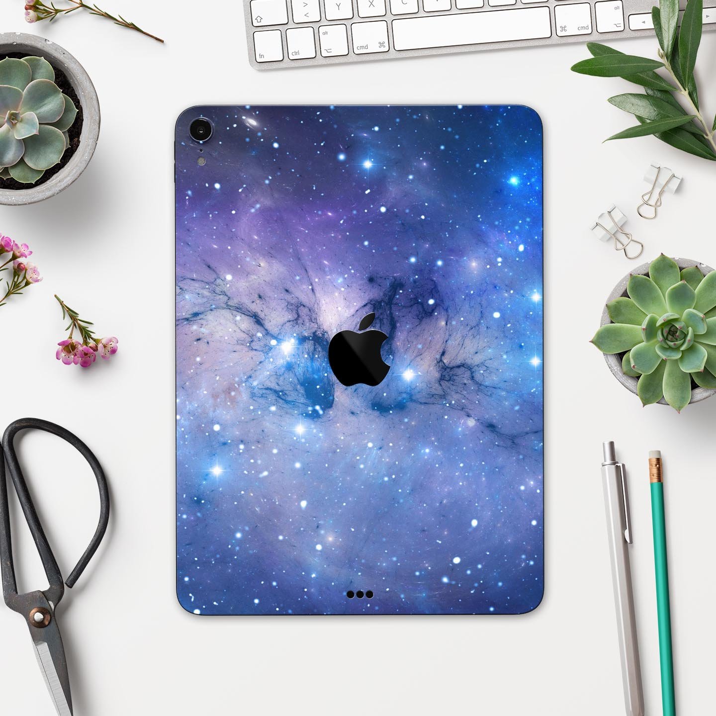 Blue and purple mixed universe design skin decal for Apple iPad, showcasing vibrant colors and a sleek finish.