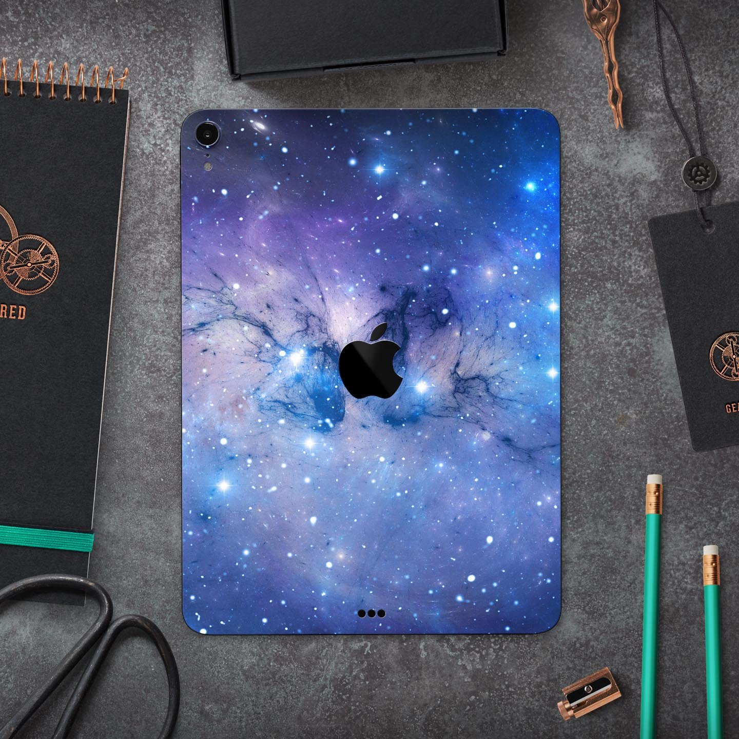 Blue and purple mixed universe design skin decal for Apple iPad, showcasing vibrant colors and a sleek finish.