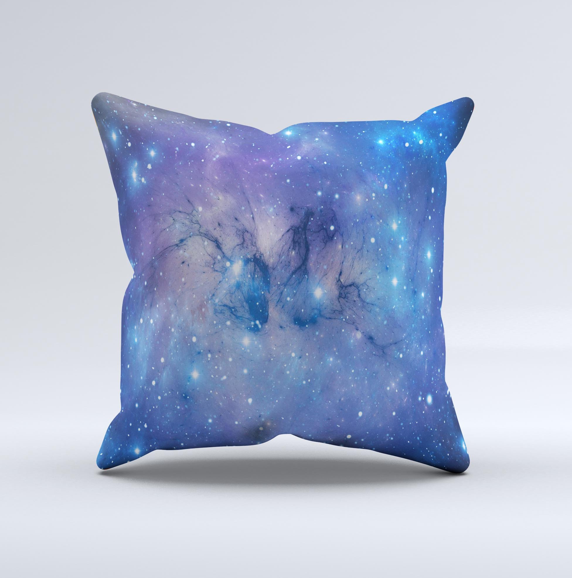 Blue Purple Mixed Universe Ink-Fuzed Decorative Throw Pillow showcasing vibrant colors and unique design, handcrafted in Virginia.