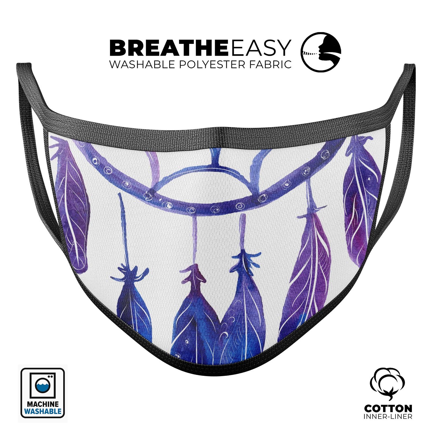 Blue and purple watercolor dreamcatcher design on a reusable face mask, showcasing adjustable ear loops and soft cotton material.