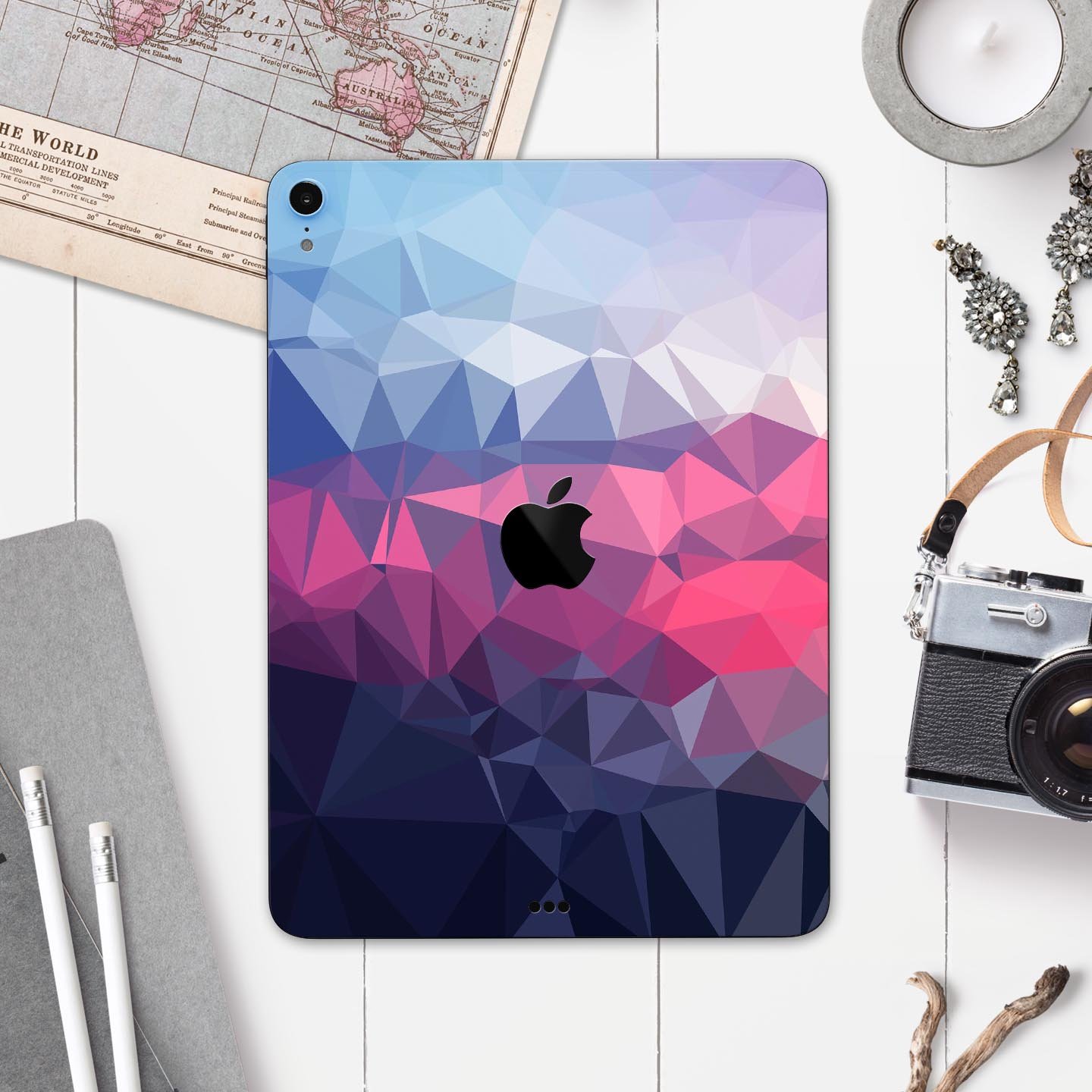 Blue Red Purple Geometric Full Body Skin Decal for Apple iPad, showcasing vibrant colors and geometric patterns.