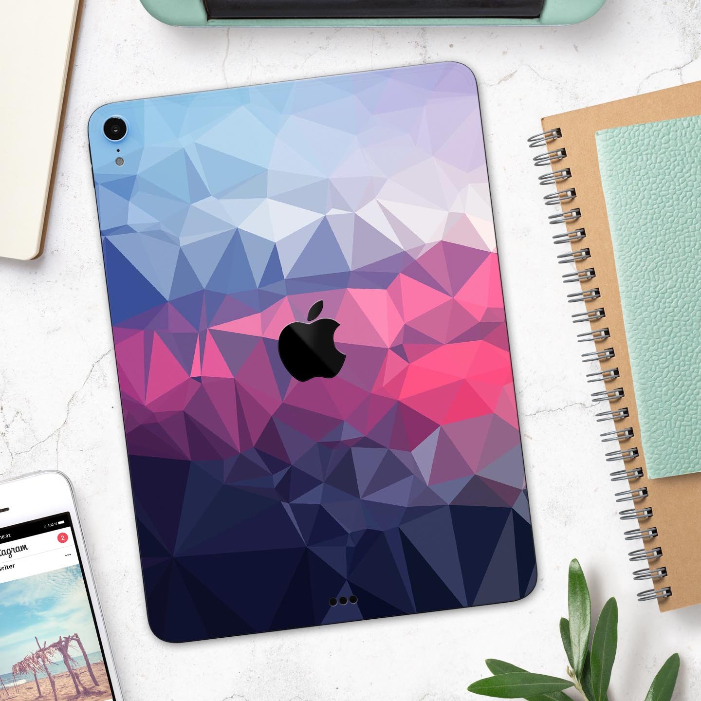 Blue Red Purple Geometric Full Body Skin Decal for Apple iPad, showcasing vibrant colors and geometric patterns.