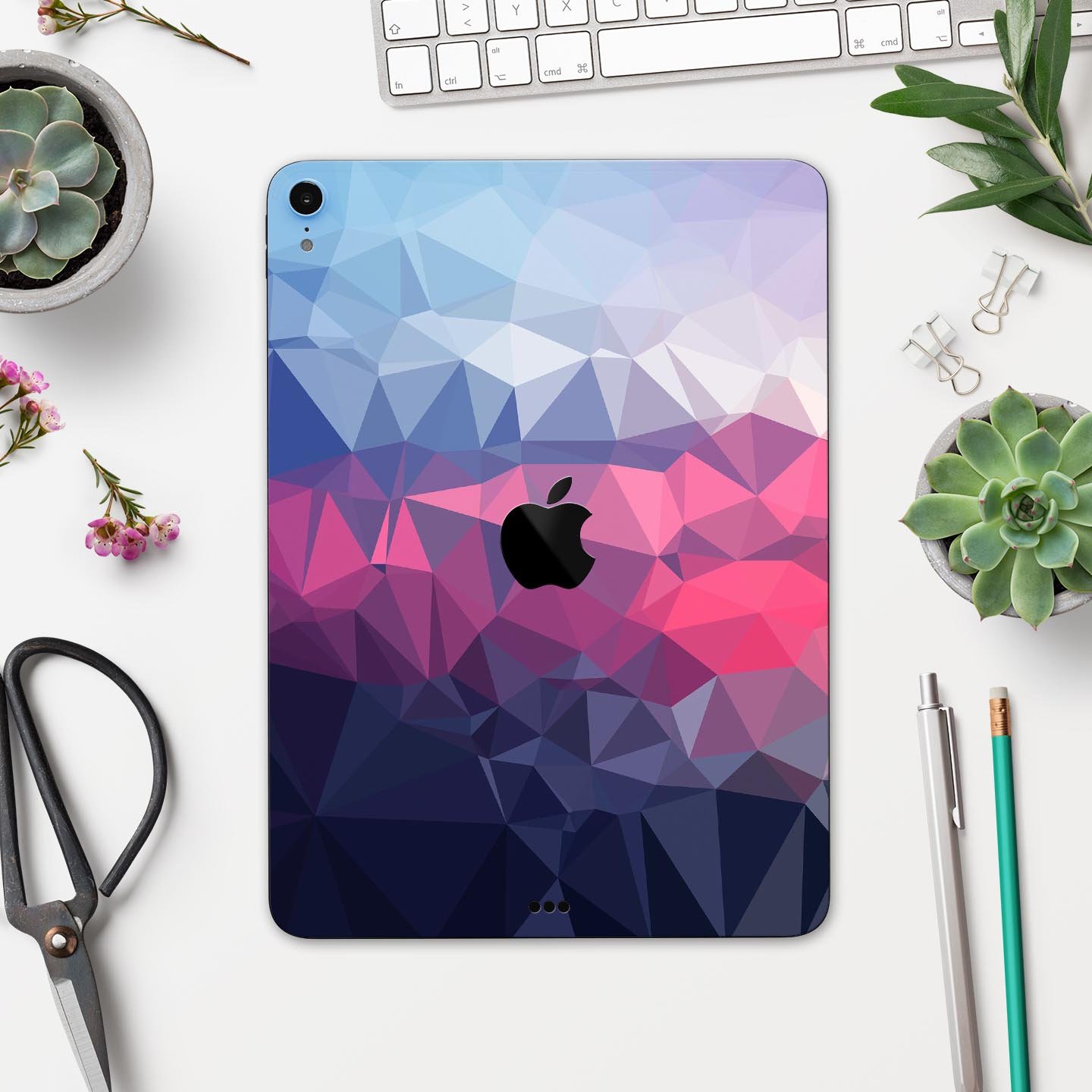 Blue Red Purple Geometric Full Body Skin Decal for Apple iPad, showcasing vibrant colors and geometric patterns.