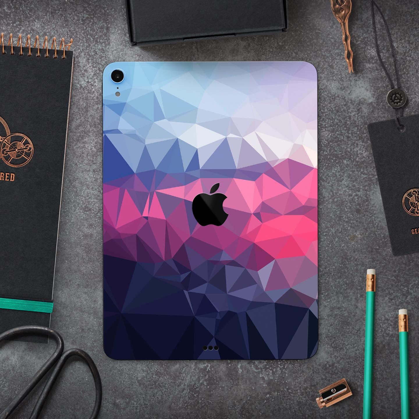 Blue Red Purple Geometric Full Body Skin Decal for Apple iPad, showcasing vibrant colors and geometric patterns.