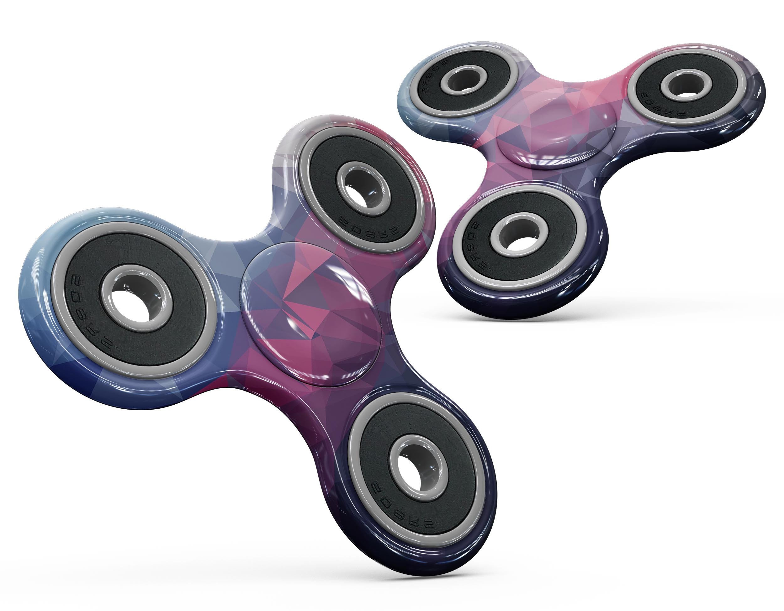 Blue, red, and purple geometric design skin kit for fidget spinner, showcasing vibrant colors and patterns.