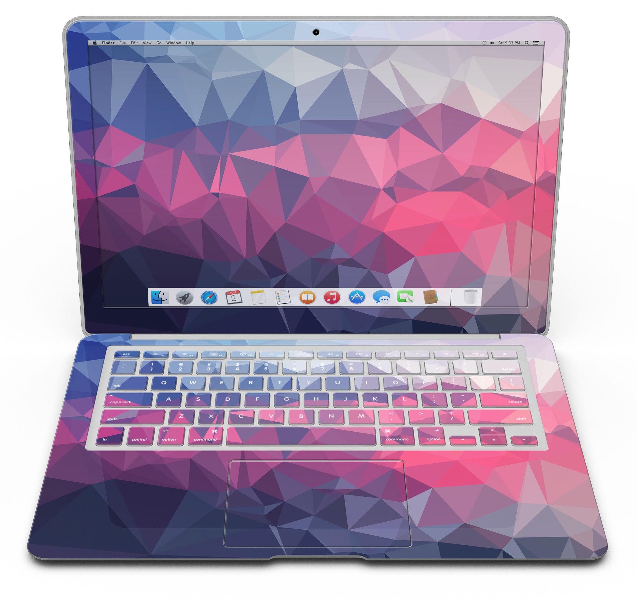 Blue Red Purple Geometric MacBook Air Skin Kit showcasing vibrant colors and geometric patterns, designed for style and protection.