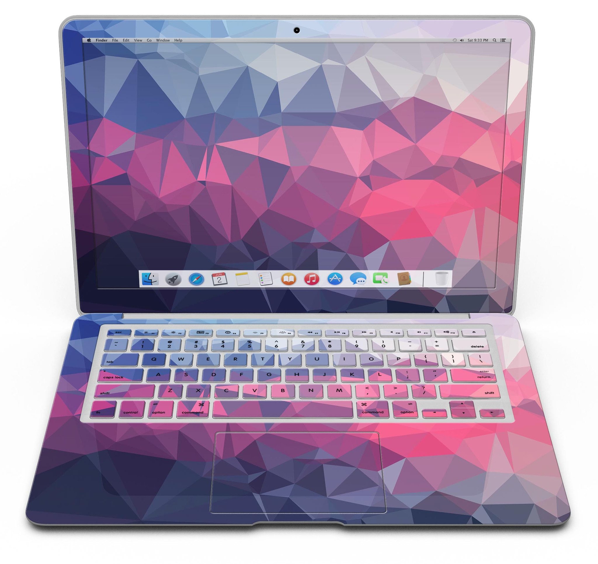 Blue Red Purple Geometric MacBook Air Skin Kit showcasing vibrant colors and geometric patterns, designed for style and protection.