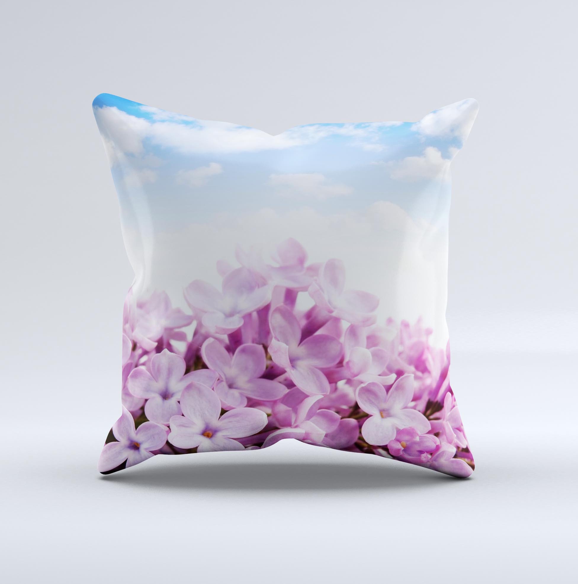 Blue Sky Pink Flower Field decorative throw pillow with vibrant floral design, handcrafted in Virginia.