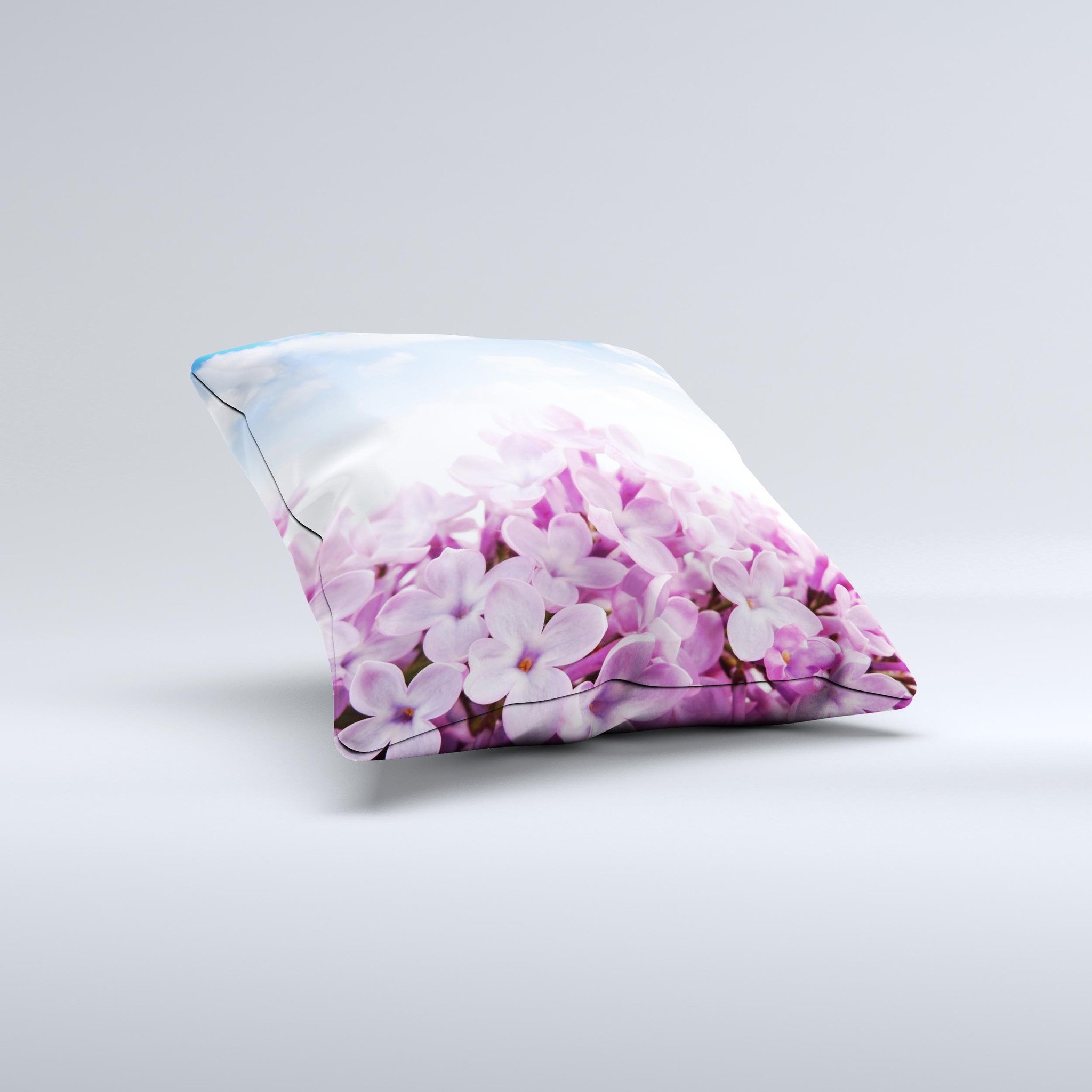 Blue Sky Pink Flower Field decorative throw pillow with vibrant floral design, handcrafted in Virginia.