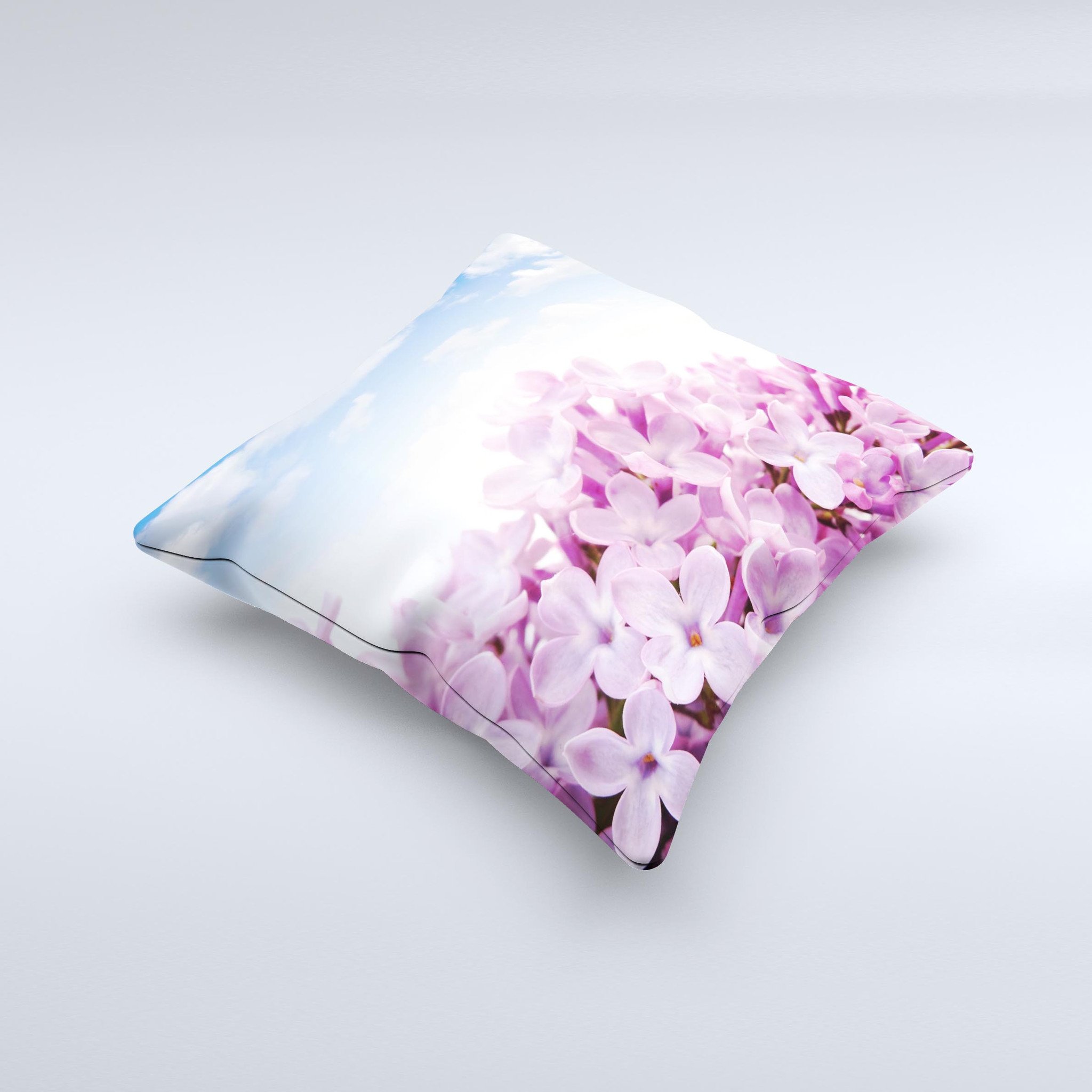 Blue Sky Pink Flower Field decorative throw pillow with vibrant floral design, handcrafted in Virginia.