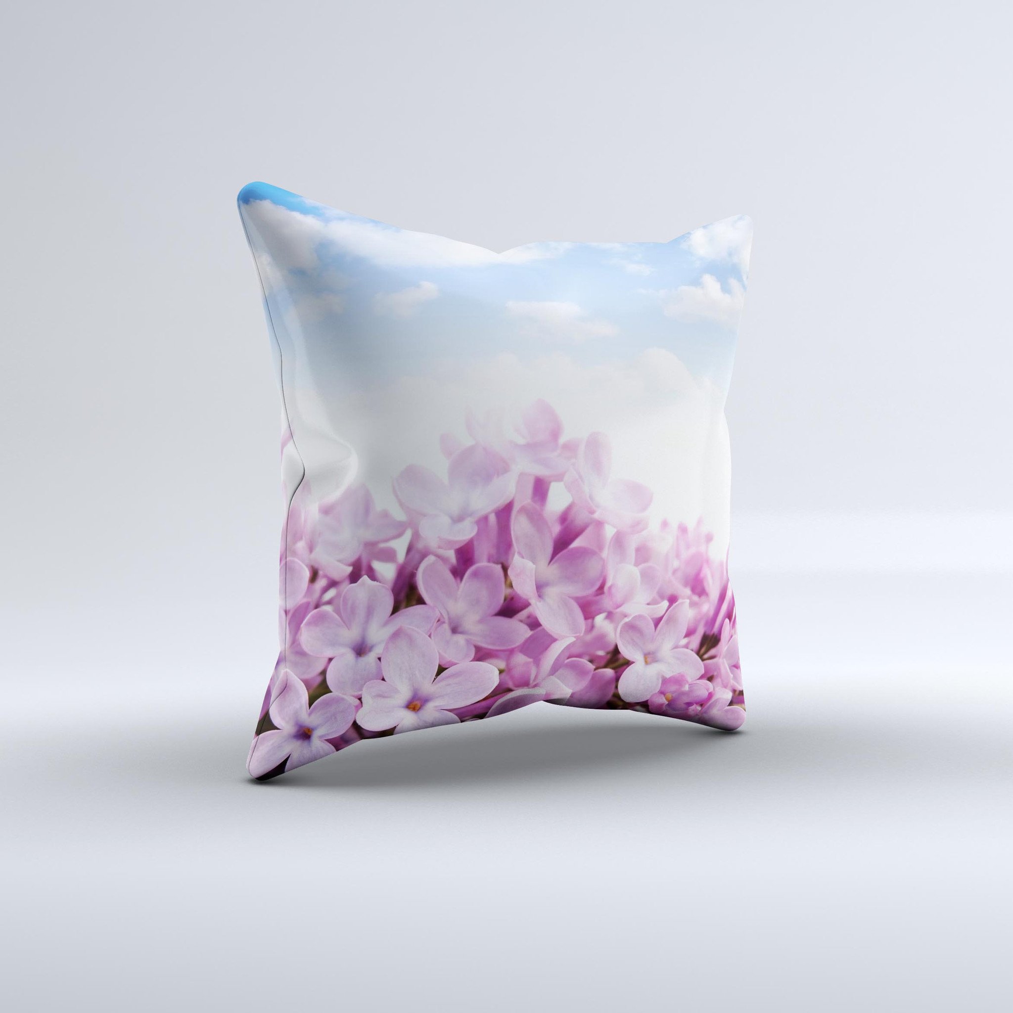 Blue Sky Pink Flower Field decorative throw pillow with vibrant floral design, handcrafted in Virginia.