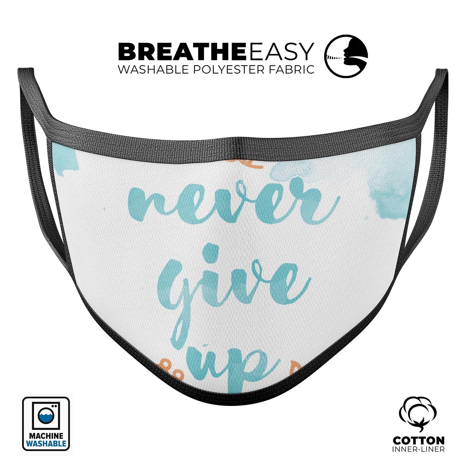 Blue Soft Never Give Up mouth cover, a comfortable and adjustable anti-dust mask made in the USA, featuring a vibrant design and soft cotton interior.