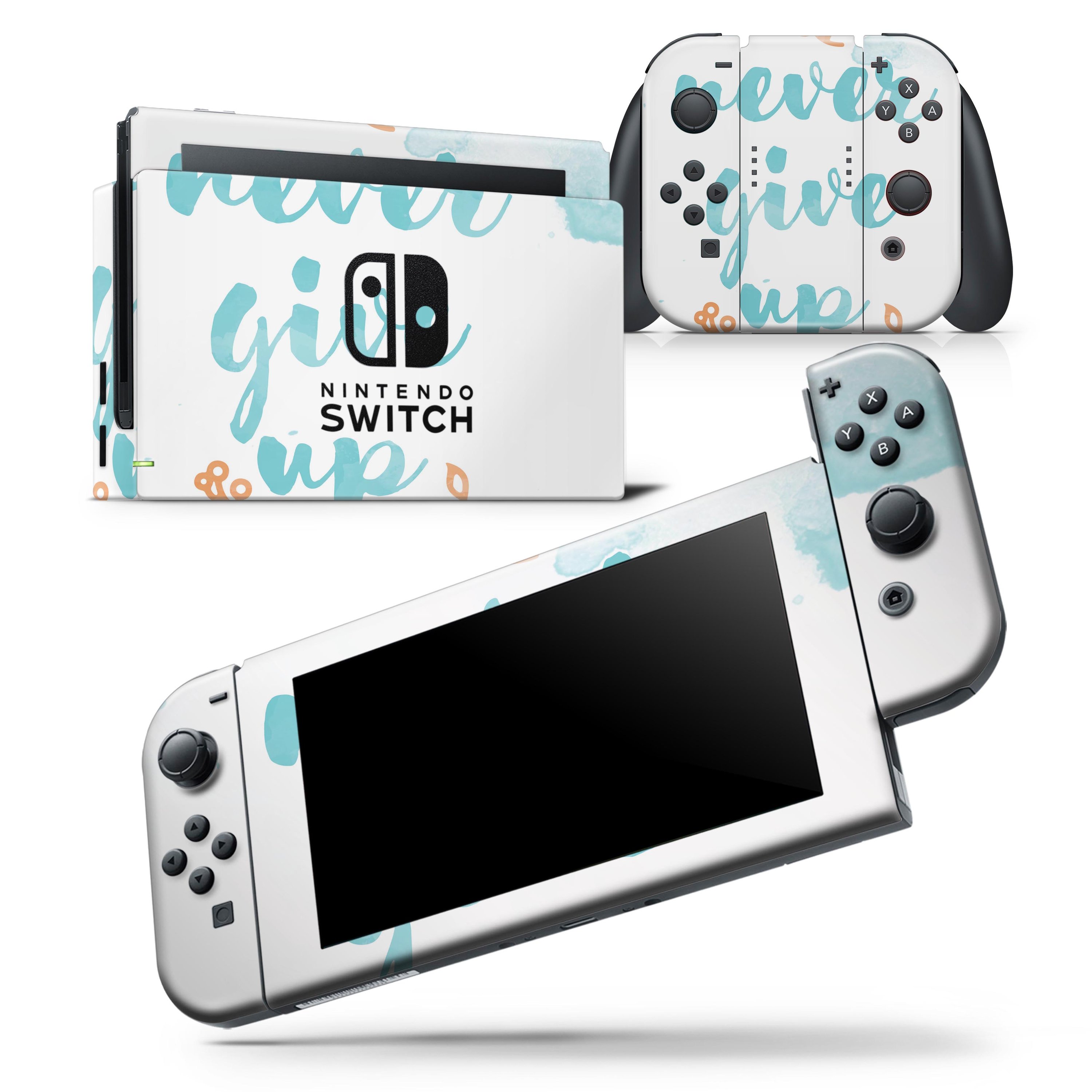 Blue Soft Never Give Up skin wrap decal for Nintendo Switch Lite, showcasing a vibrant design and premium vinyl material.