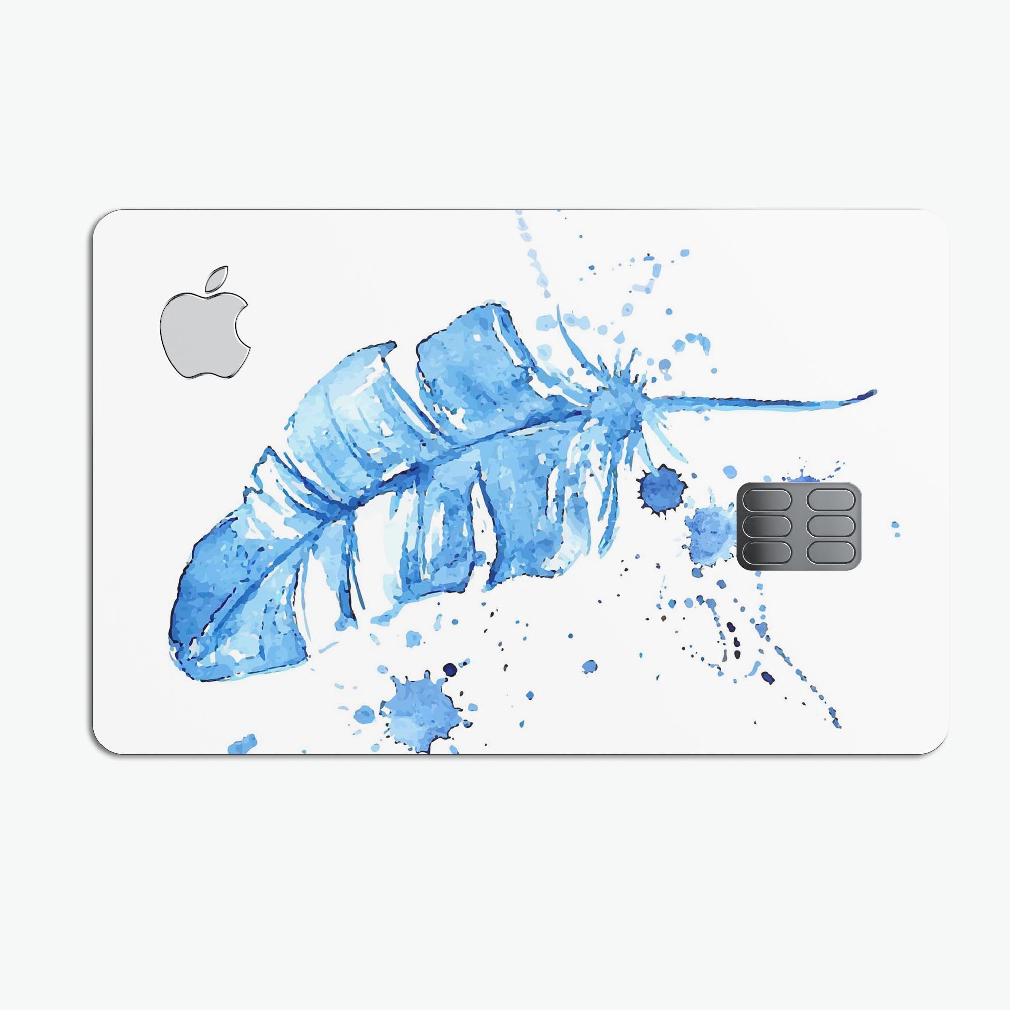 Blue Splatter Feather decal skin for Apple Card, showcasing vibrant colors and premium vinyl material.