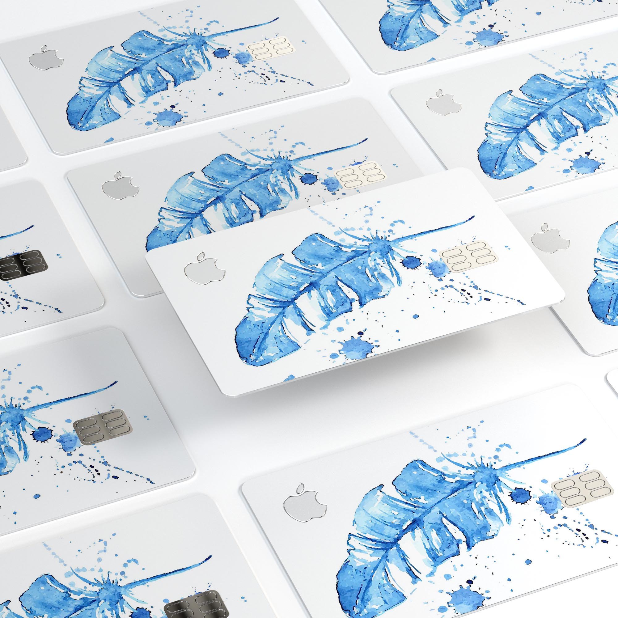 Blue Splatter Feather decal skin for Apple Card, showcasing vibrant colors and premium vinyl material.