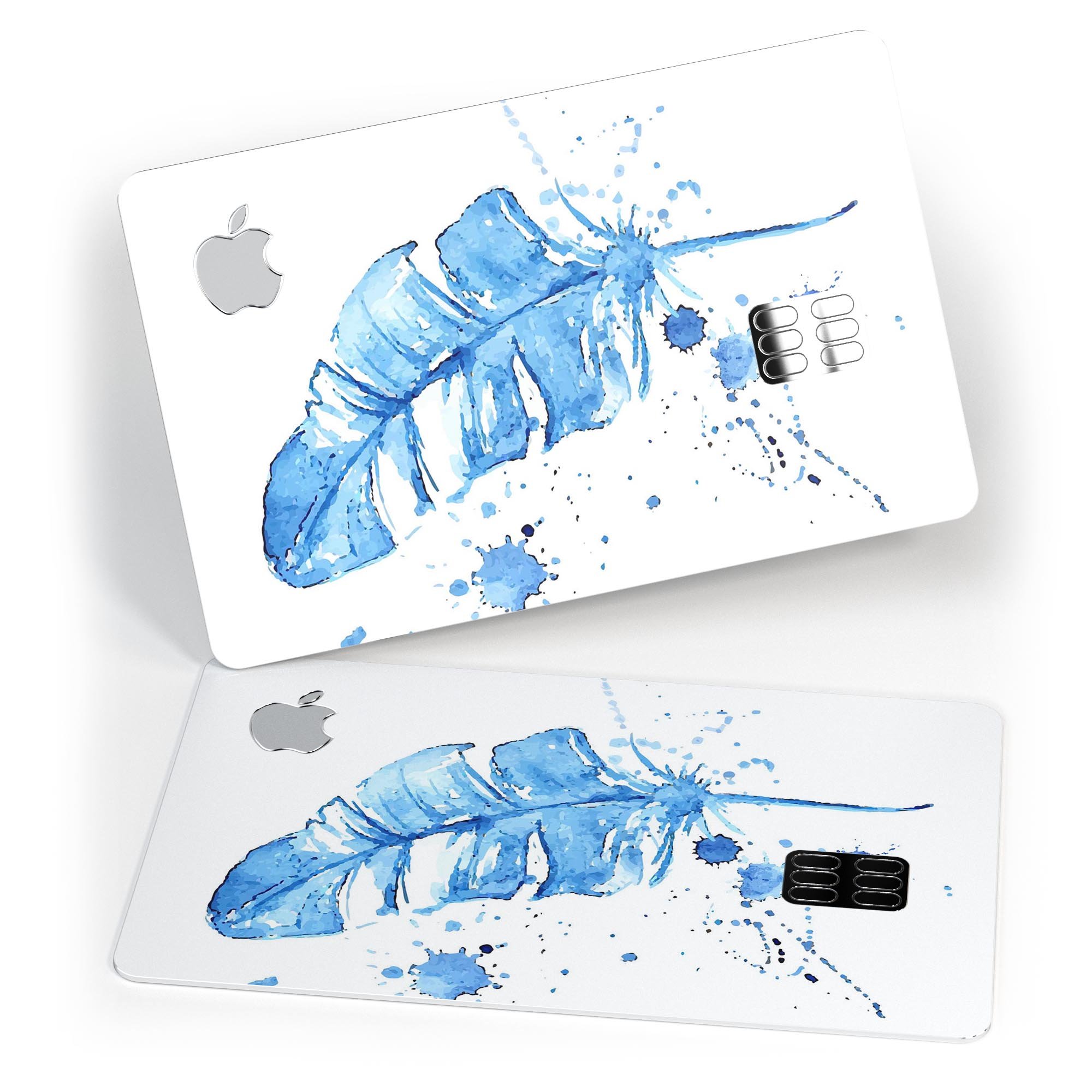 Blue Splatter Feather decal skin for Apple Card, showcasing vibrant colors and premium vinyl material.