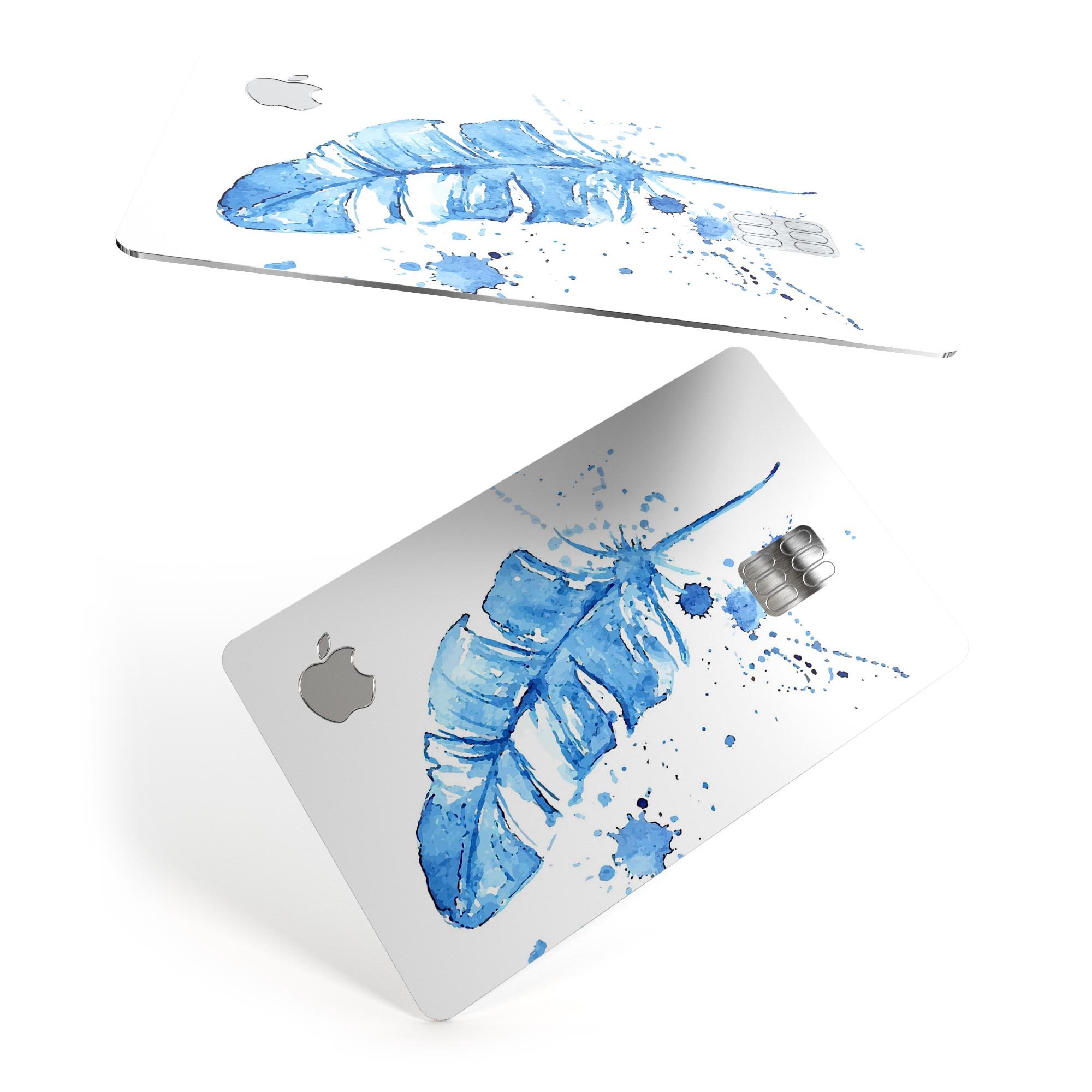 Blue Splatter Feather decal skin for Apple Card, showcasing vibrant colors and premium vinyl material.