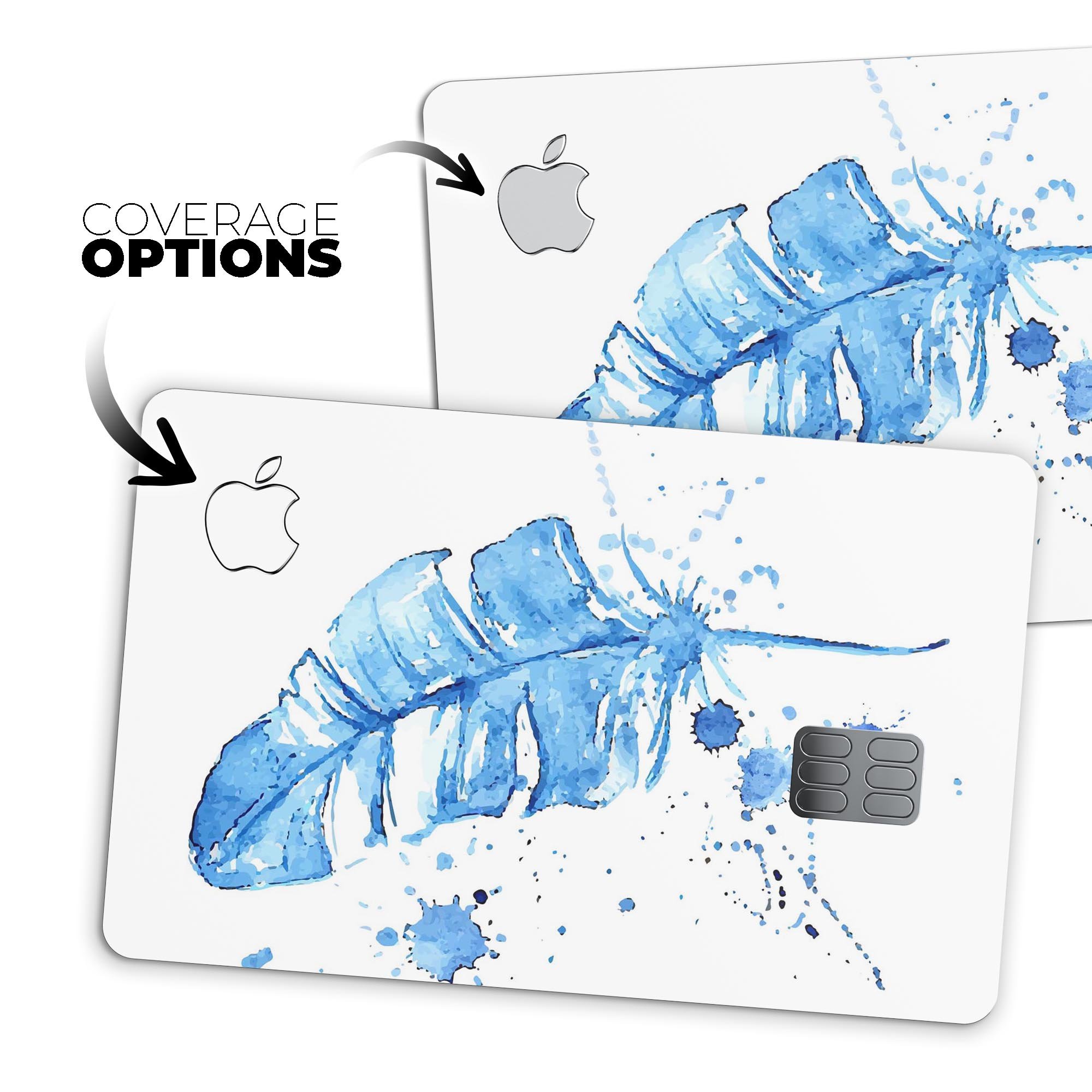 Blue Splatter Feather decal skin for Apple Card, showcasing vibrant colors and premium vinyl material.