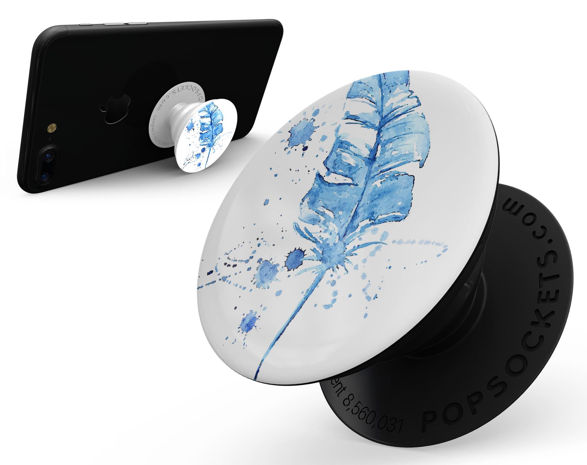 Blue Splatter Feather Skin Kit for PopSockets, showcasing vibrant blue splatter design on premium vinyl material.