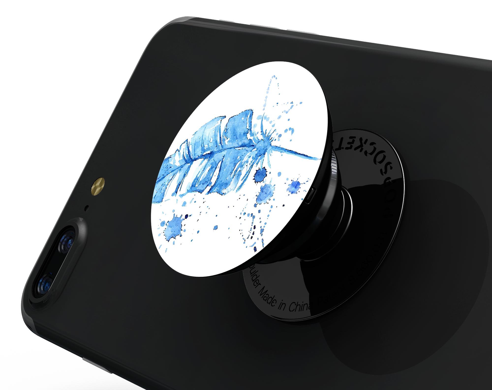 Blue Splatter Feather Skin Kit for PopSockets, showcasing vibrant blue splatter design on premium vinyl material.