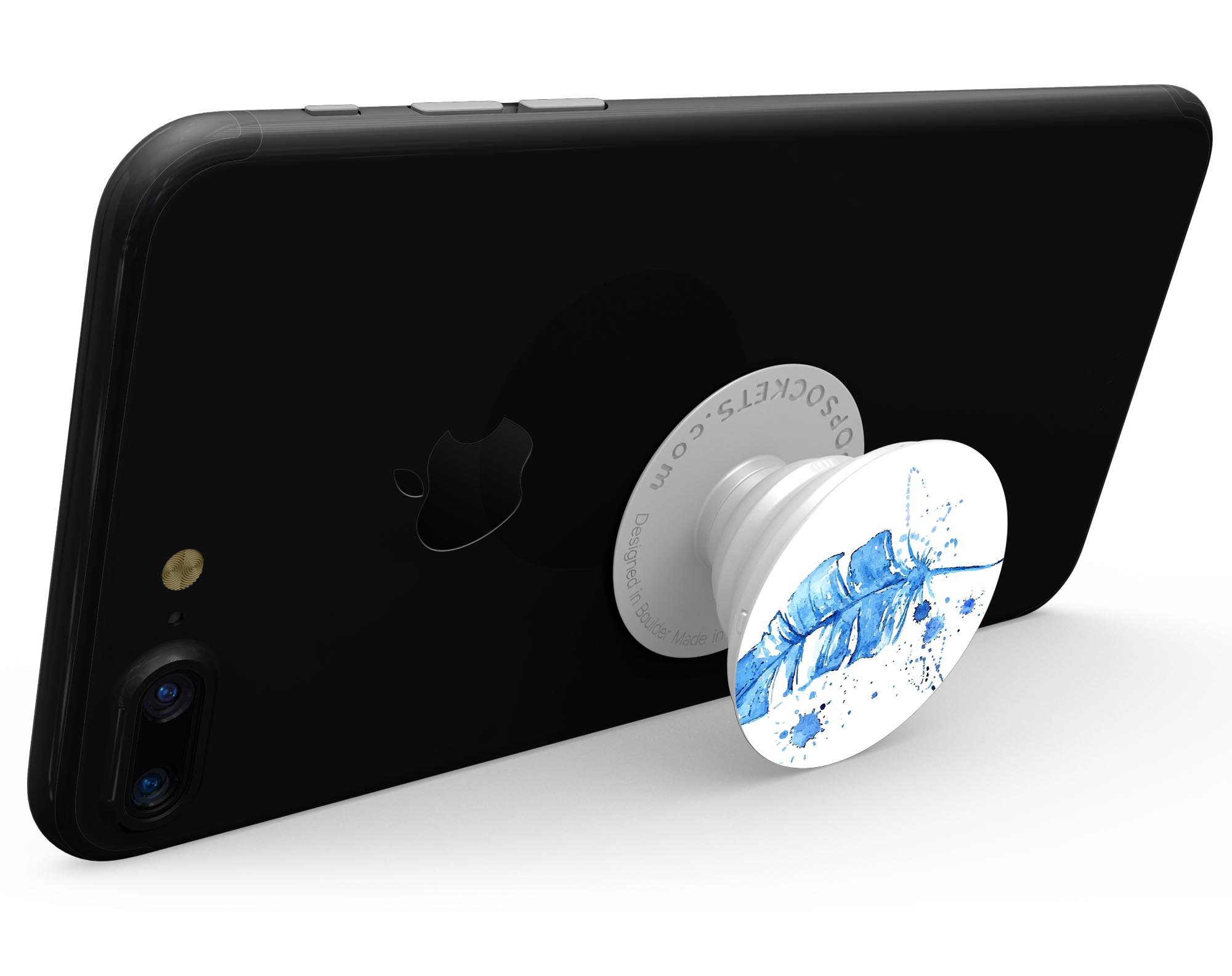 Blue Splatter Feather Skin Kit for PopSockets, showcasing vibrant blue splatter design on premium vinyl material.