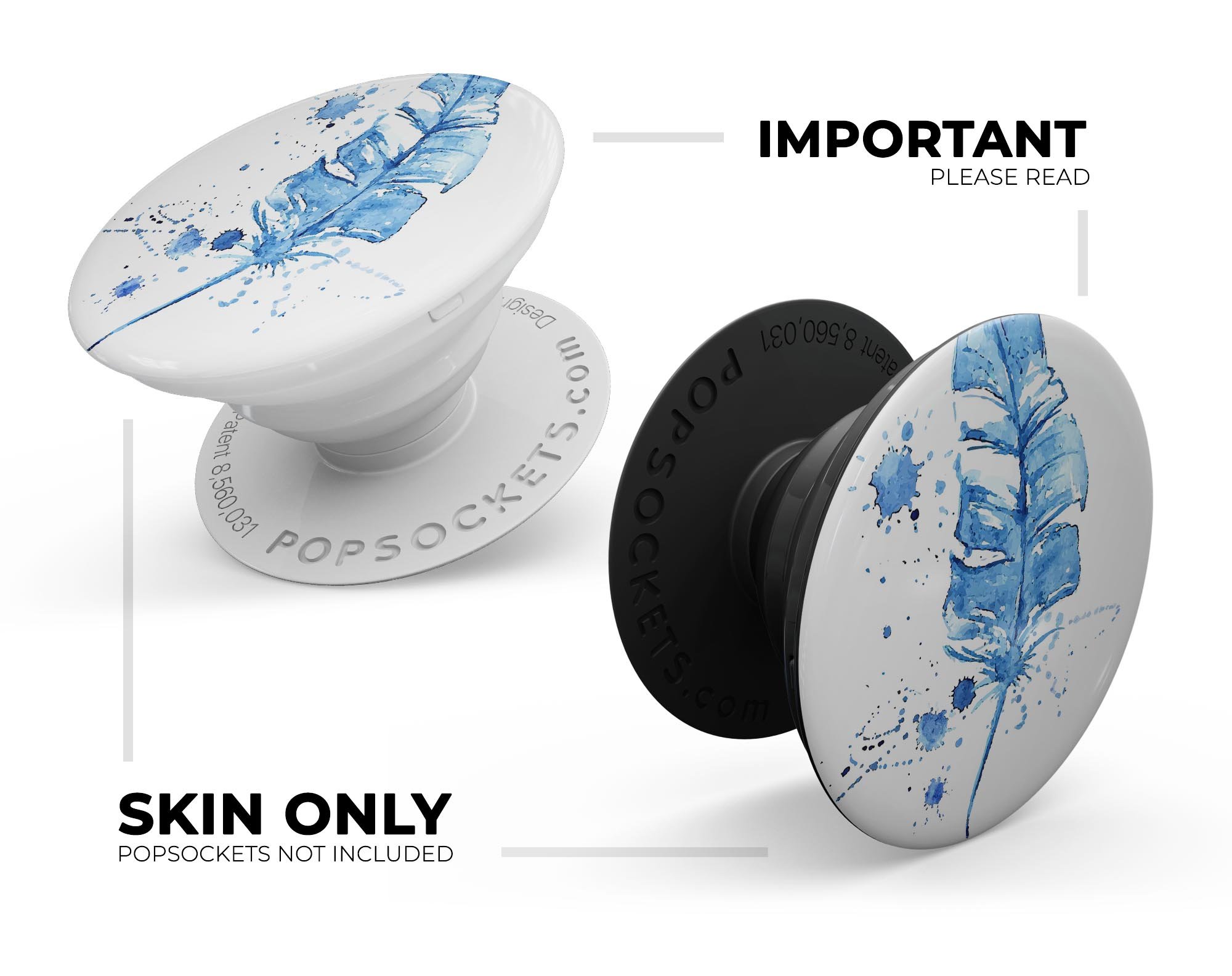 Blue Splatter Feather Skin Kit for PopSockets, showcasing vibrant blue splatter design on premium vinyl material.