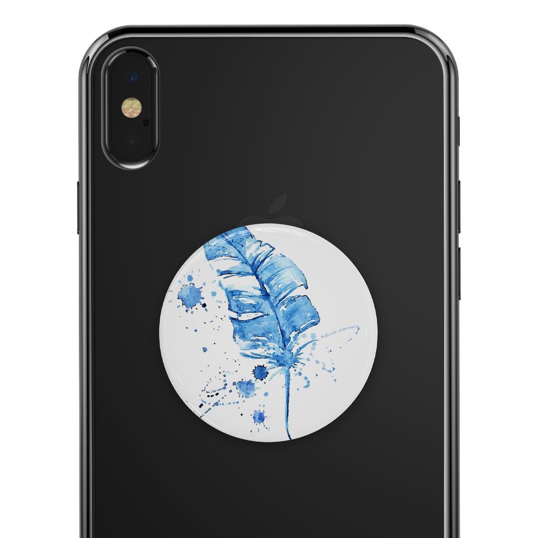 Blue Splatter Feather Skin Kit for PopSockets, showcasing vibrant blue splatter design on premium vinyl material.