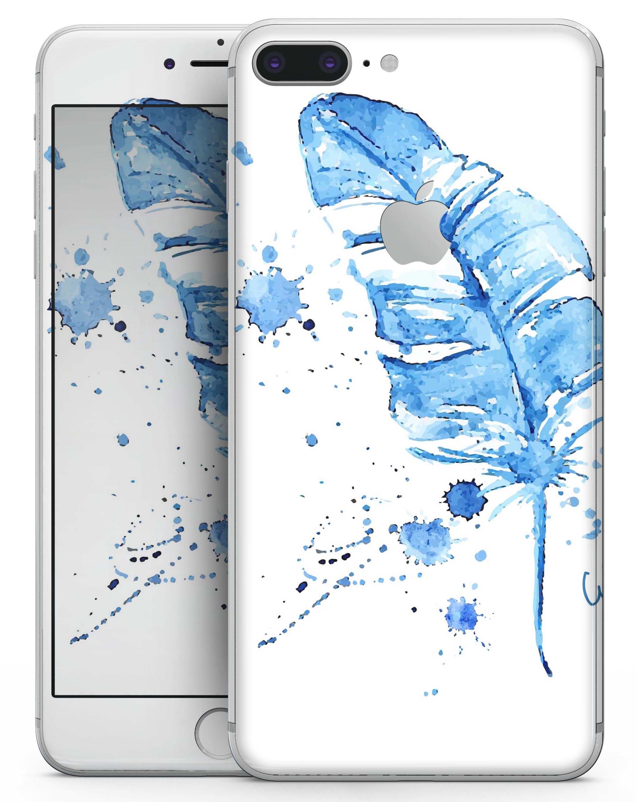 Blue Splatter Feather skin for iPhone 8 and 8 Plus, showcasing vibrant colors and unique design.