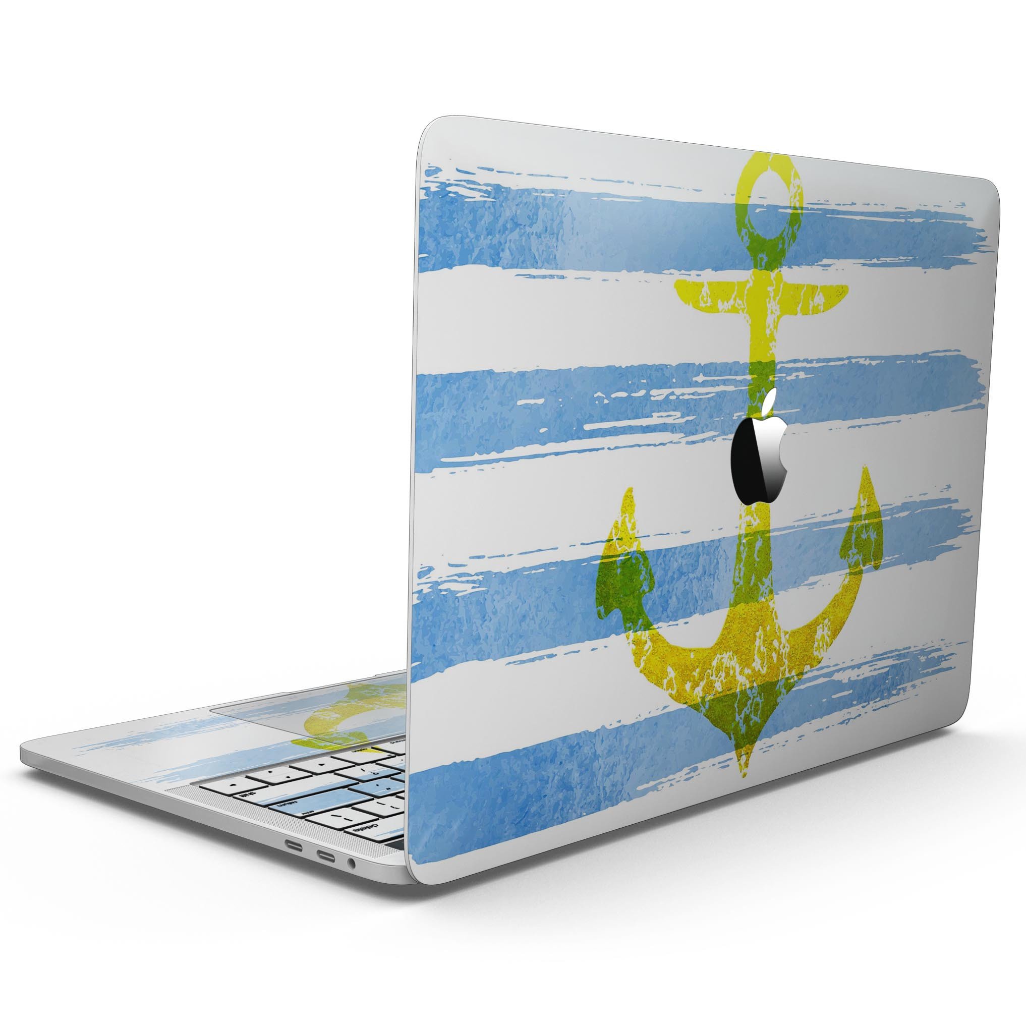 Blue Striped Watercolor Gold Anchor skin for MacBook Pro with Touch Bar, showcasing vibrant colors and stylish design.