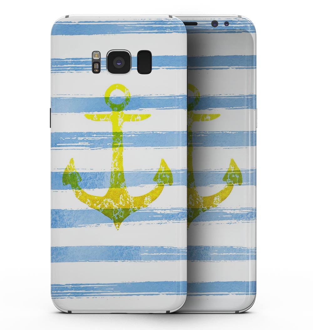 Samsung Galaxy S8 with Blue Striped Watercolor Gold Anchor skin, showcasing vibrant colors and stylish design.