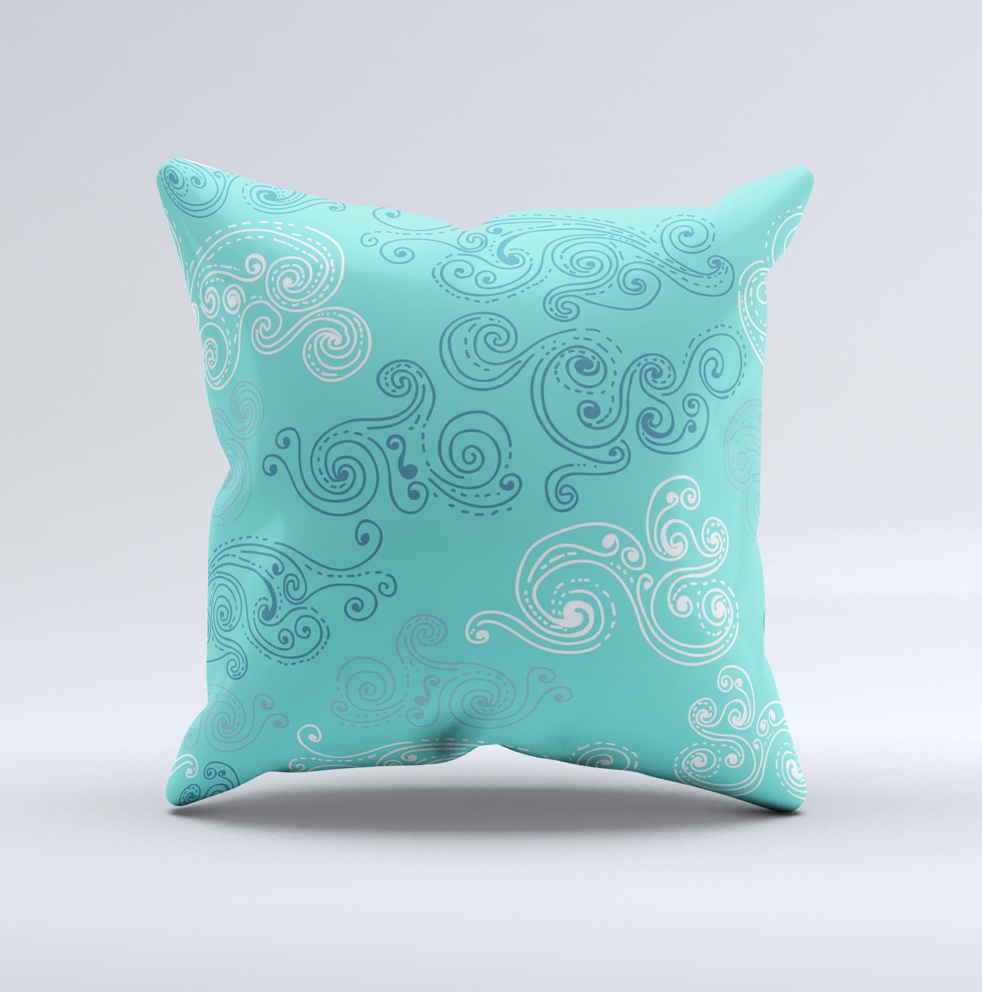 Blue swirled abstract design decorative throw pillow, handcrafted in Virginia with high thread count fabric and polyester filling.