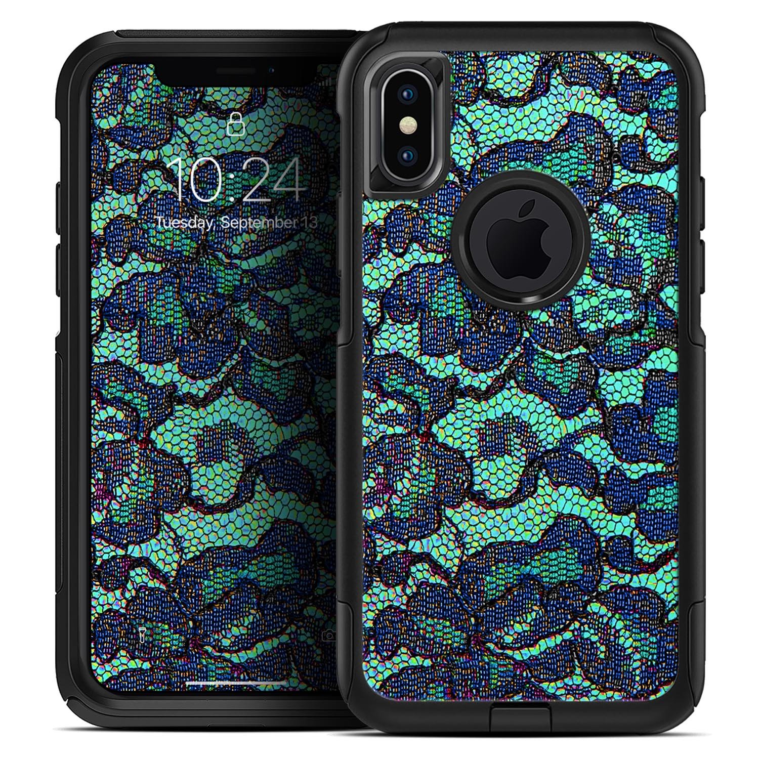 Blue and teal lace texture skin kit for iPhone OtterBox cases, showcasing a stylish design with dual-layer protection.