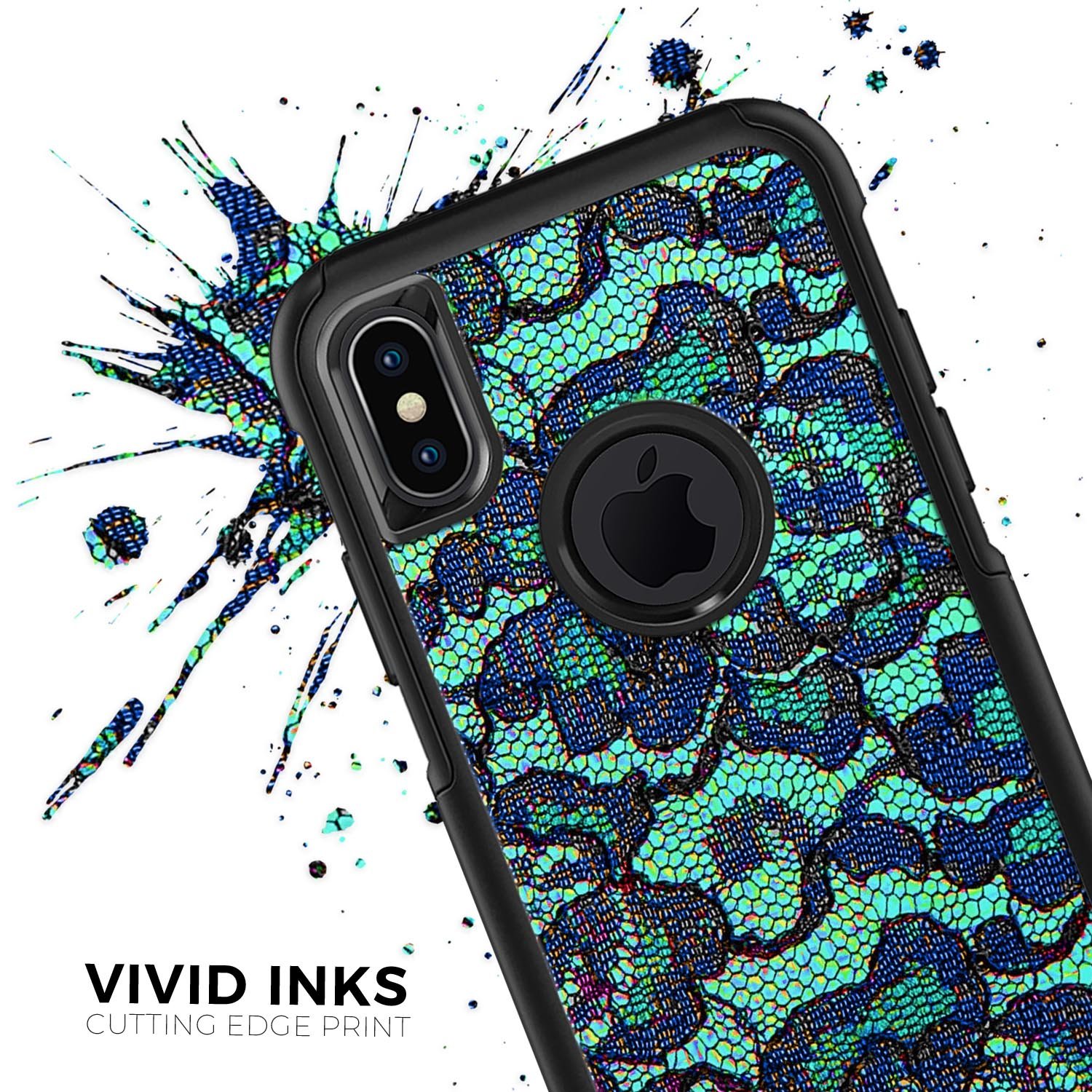 Blue and teal lace texture skin kit for iPhone OtterBox cases, showcasing a stylish design with dual-layer protection.